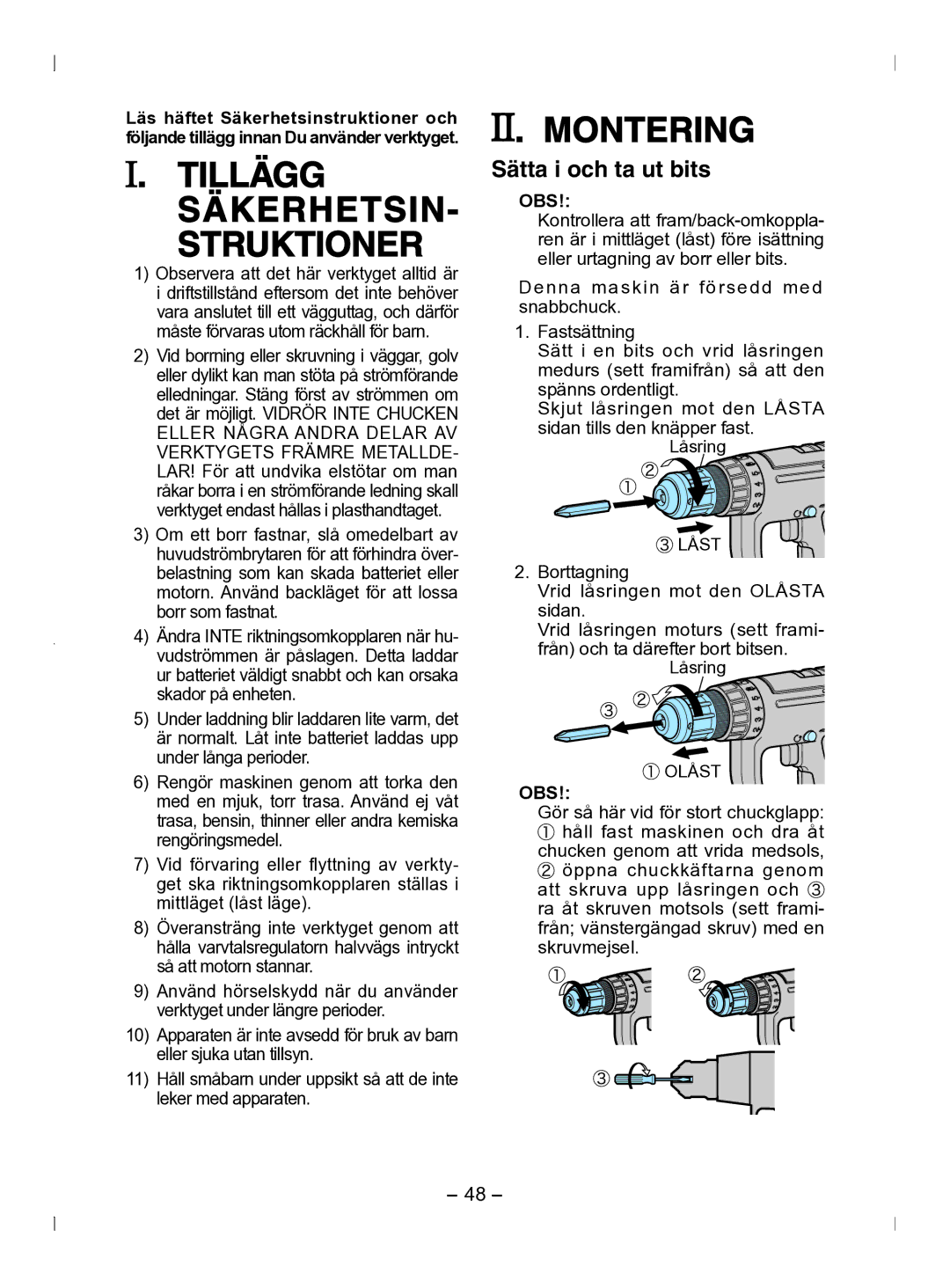 Panasonic EY6903 operating instructions Tillägg SÄKERHETSIN- Struktioner, Sätta i och ta ut bits, Obs 