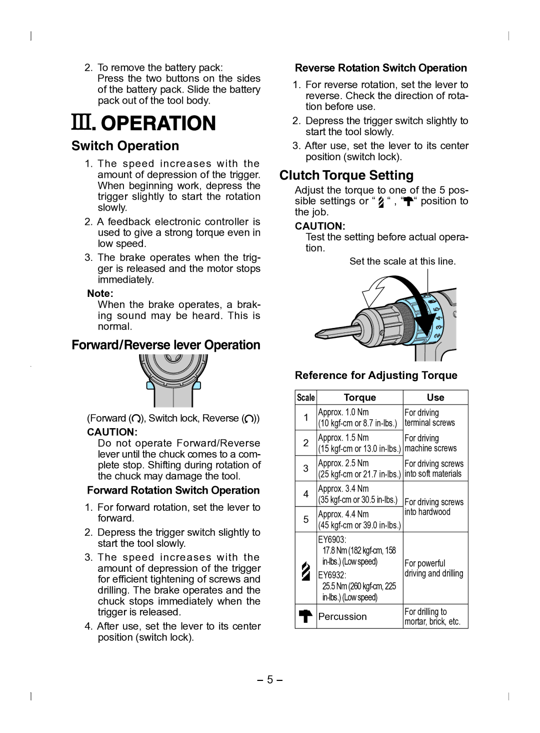 Panasonic EY6903 operating instructions Switch Operation, Forward/Reverse lever Operation, Clutch Torque Setting 