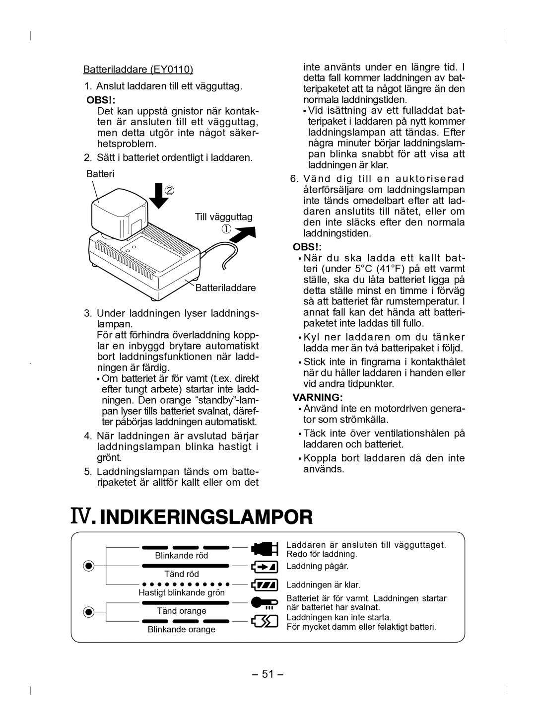 Panasonic EY6903 operating instructions Indikeringslampor, Batteriladdare EY0110 Anslut laddaren till ett vägguttag 