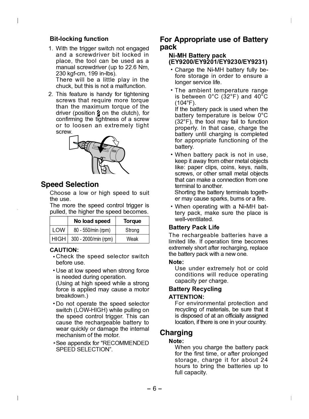 Panasonic EY6903 operating instructions Speed Selection, For Appropriate use of Battery pack, Charging 