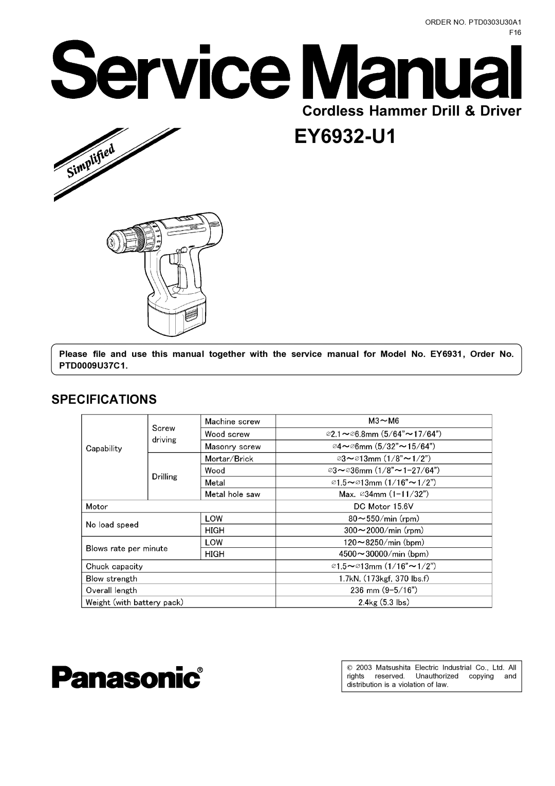 Panasonic EY6932-U1 specifications 