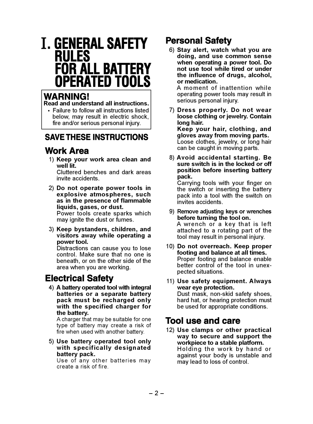 Panasonic EY6932 operating instructions Read and understand all instructions, Keep your work area clean and well lit 