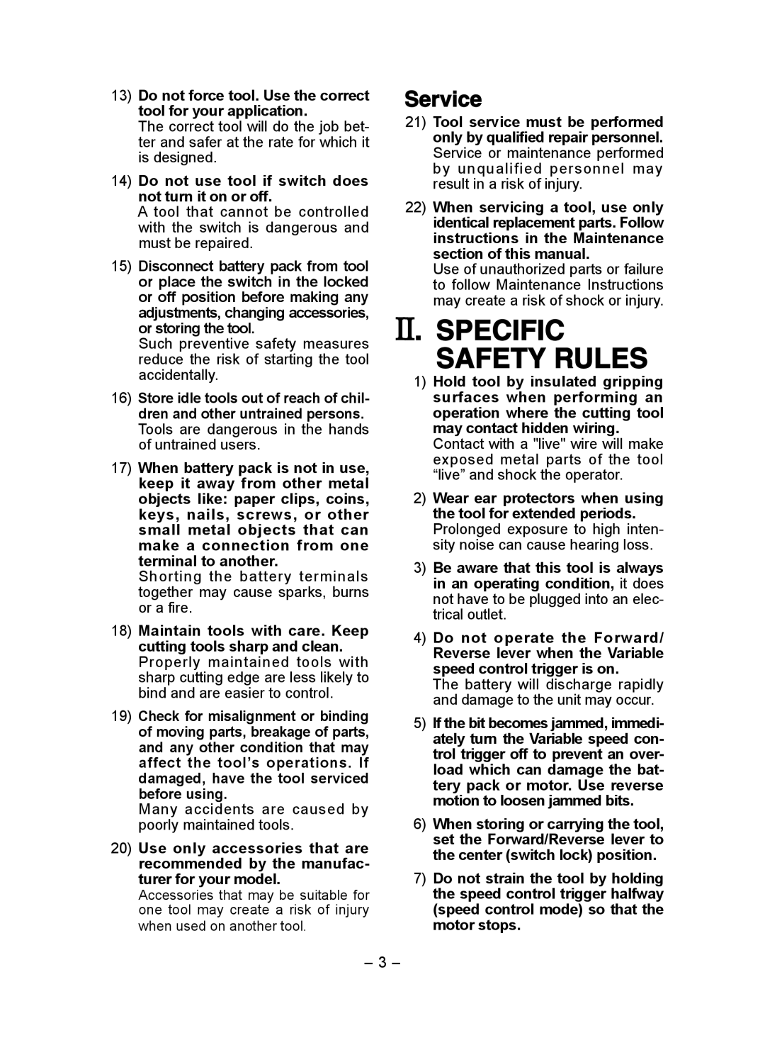 Panasonic EY6932 operating instructions Specific Safety Rules, Do not use tool if switch does not turn it on or off 