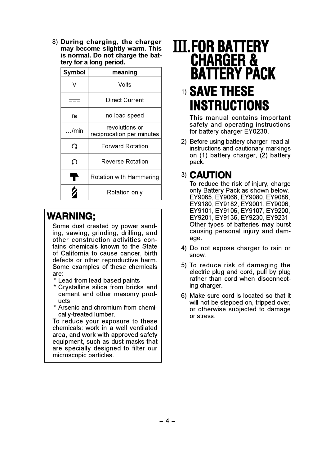 Panasonic EY6932 operating instructions Save These Instructions 