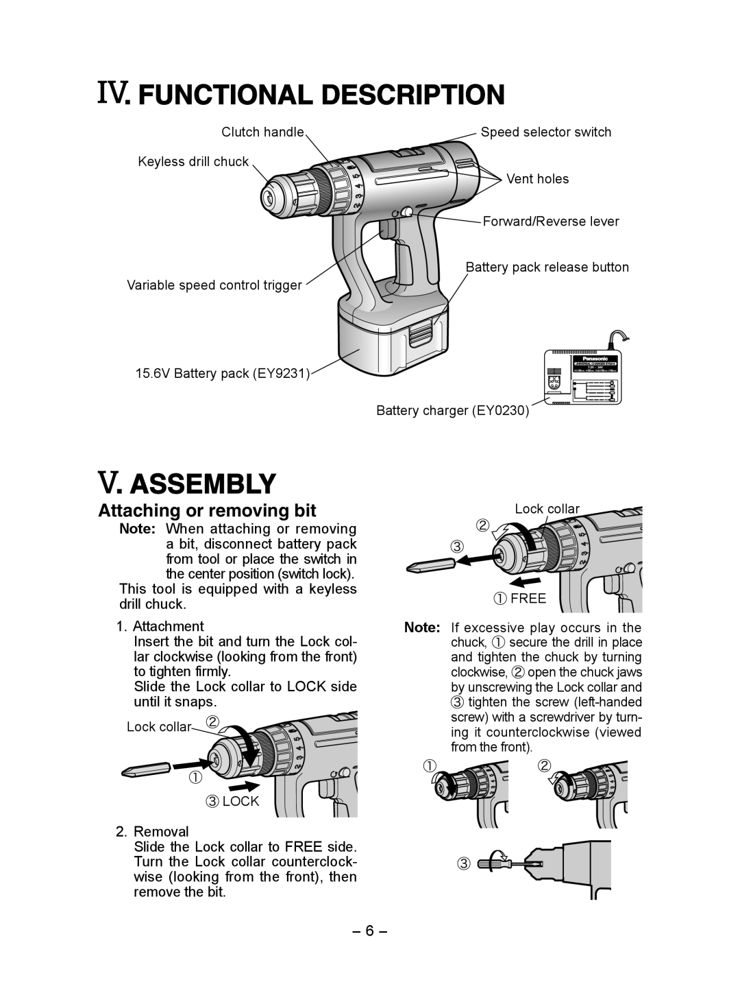 Panasonic EY6932 operating instructions Functional Description, Assembly, Attaching or removing bit 