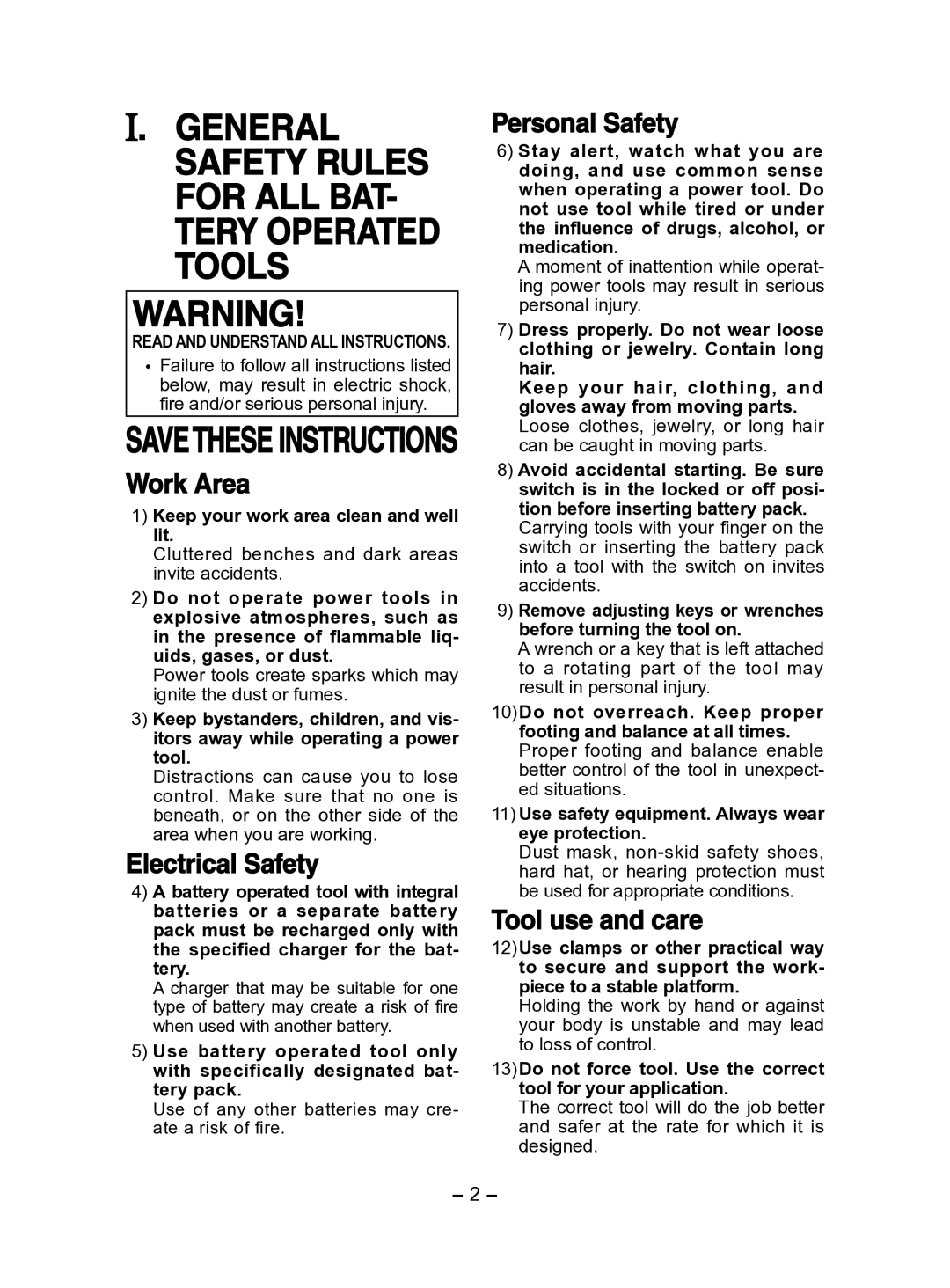 Panasonic EY6950 operating instructions General Safety Rules for ALL BAT- Tery Operated Tools 