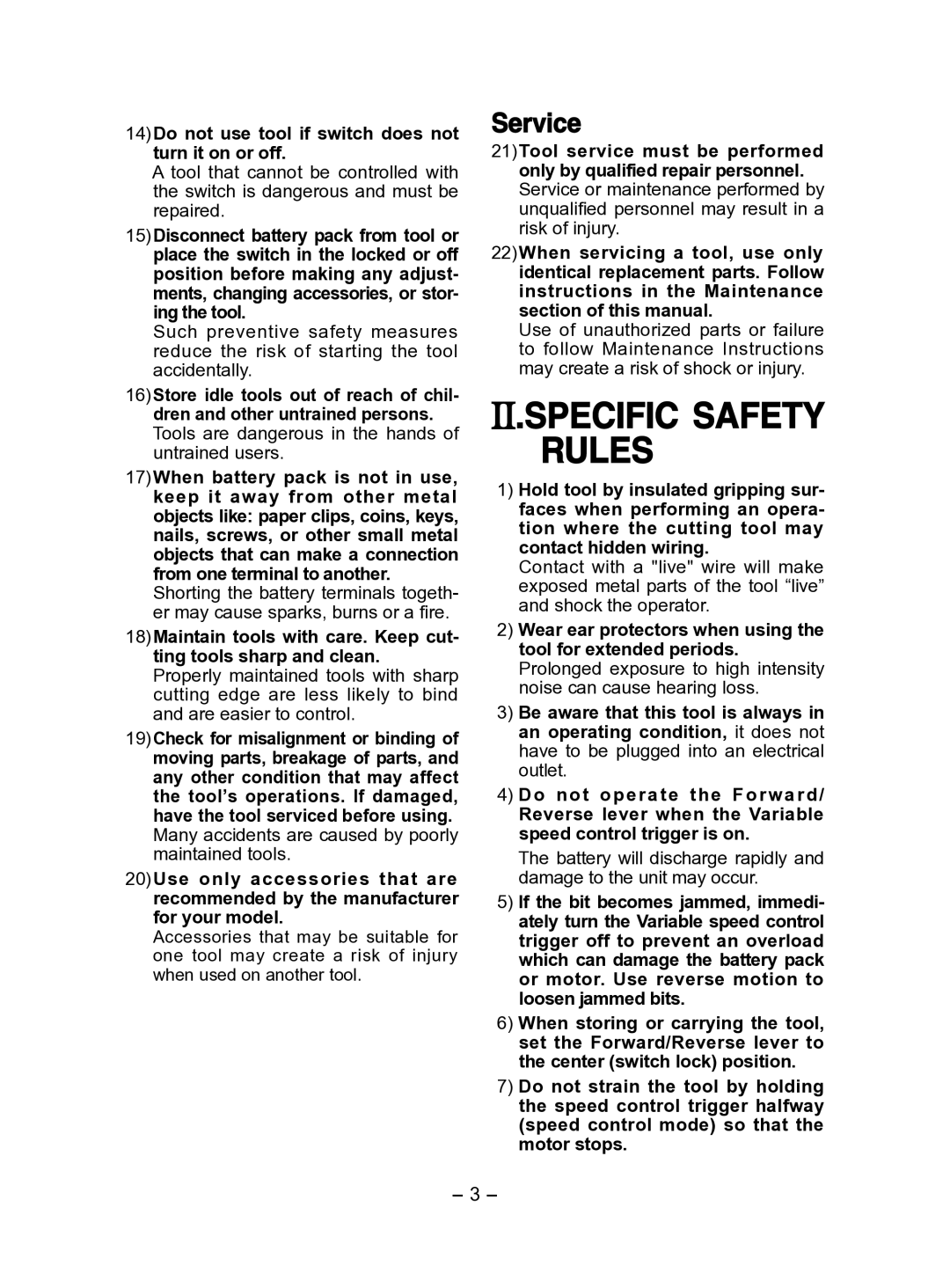 Panasonic EY6950 operating instructions Specific Safety Rules, Service 