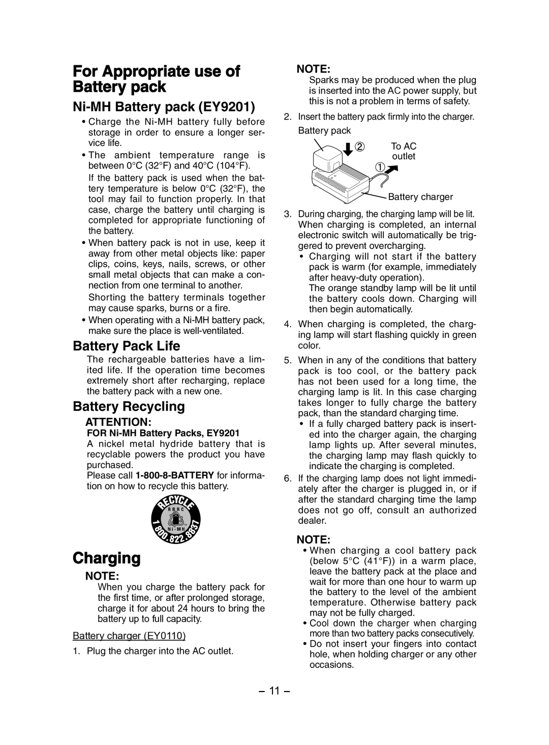 Panasonic EY7202 For Appropriate use of Battery pack, Charging, Ni-MH Battery pack EY9201, Battery Pack Life 