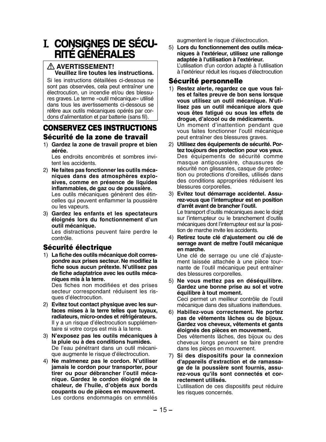 Panasonic EY7202 operating instructions Sécurité de la zone de travail, Sécurité électrique, Sécurité personnelle 