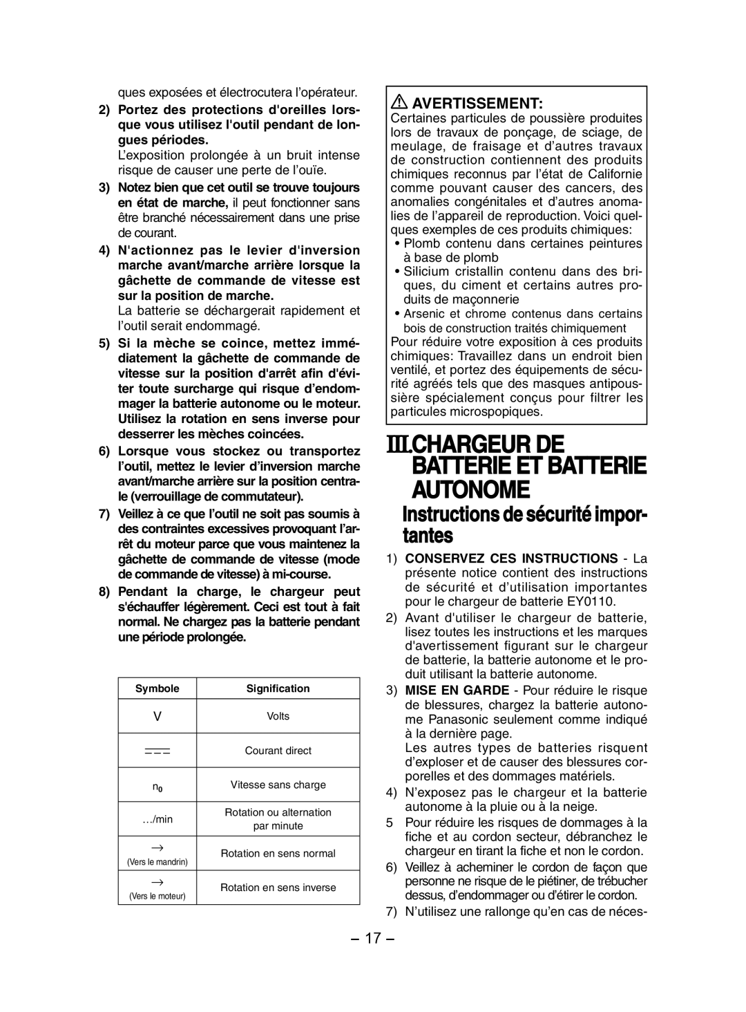 Panasonic EY7202 Iii.Chargeur De, Instructions de sécurité impor tantes, Ques exposées et électrocutera l’opérateur 