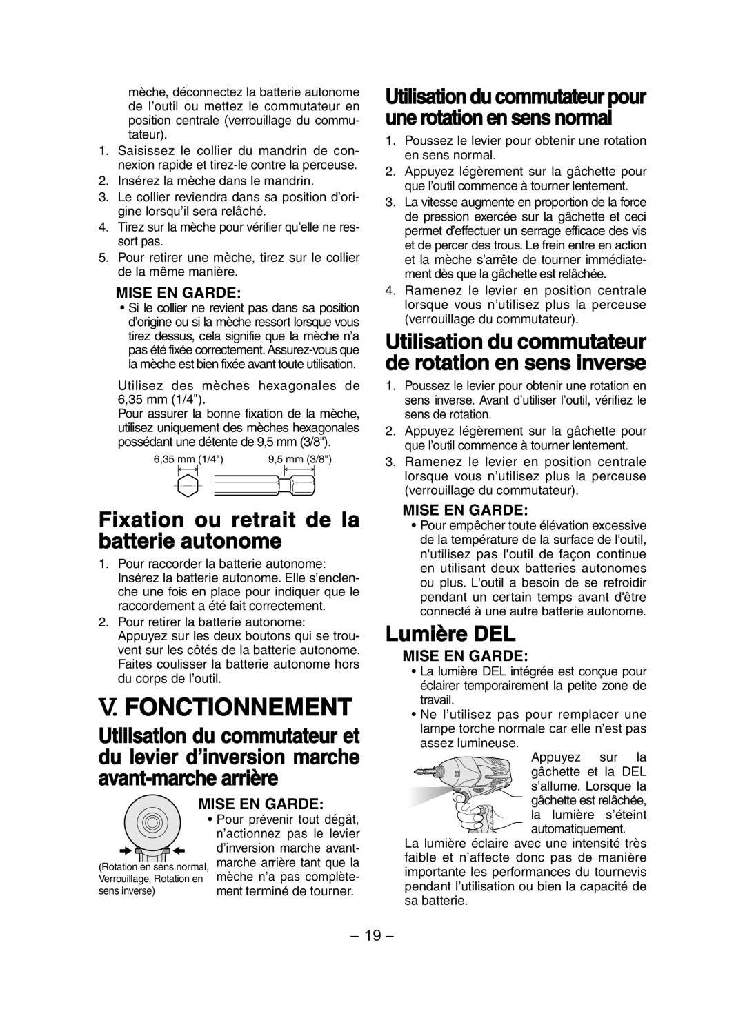 Panasonic EY7202 operating instructions Fonctionnement, Fixation ou retrait de la batterie autonome, Lumière DEL 