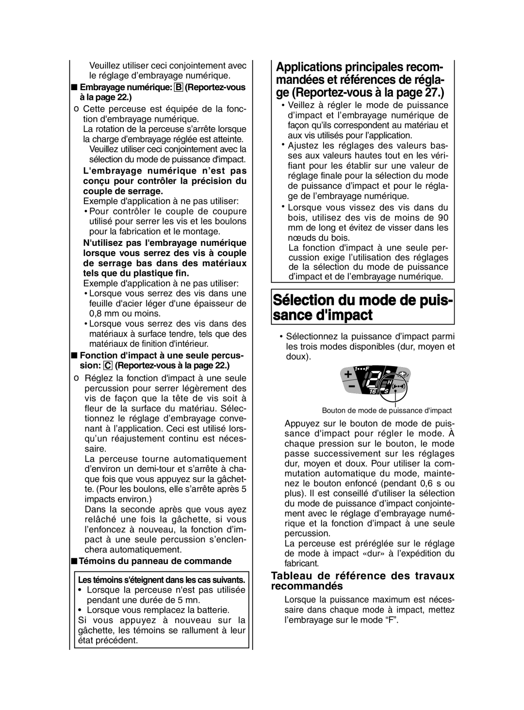 Panasonic EY7202 Sélection du mode de puis- sance dimpact, Tableau de référence des travaux recommandés 