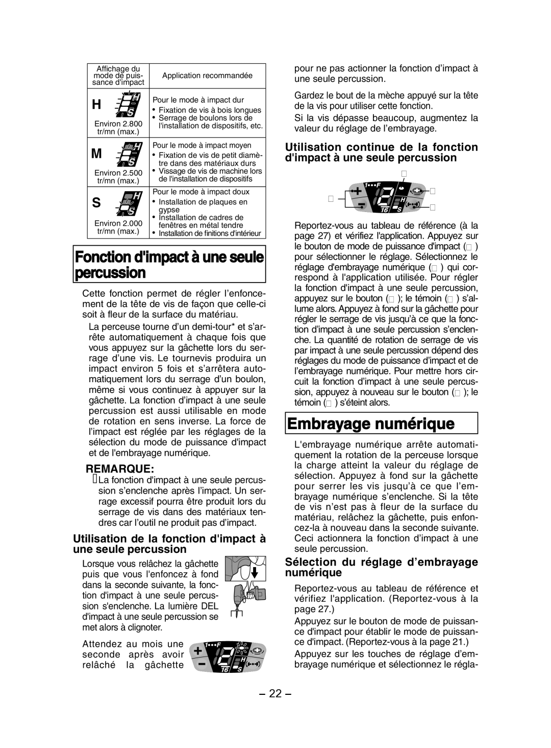 Panasonic EY7202 Fonction dimpact à une seule percussion, Embrayage numérique, Sélection du réglage d’embrayage numérique 