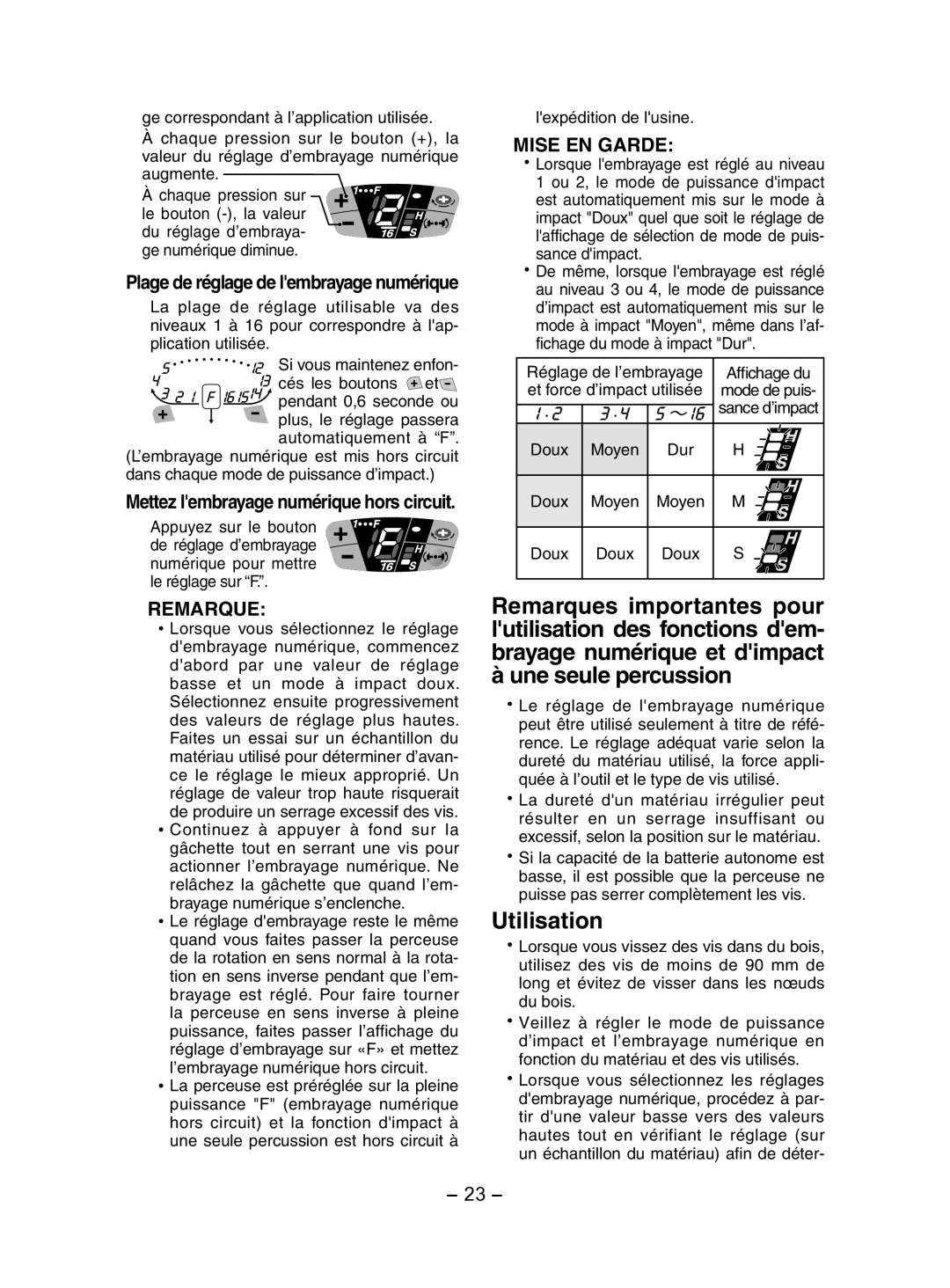 Panasonic EY7202 operating instructions Utilisation, Et force d’impact utilisée, Doux Moyen Dur 