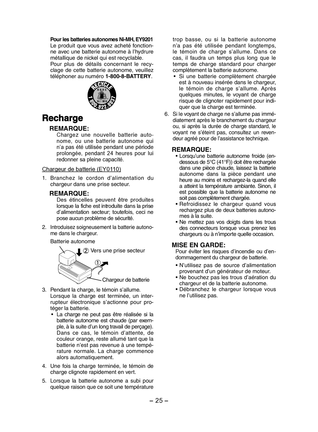 Panasonic EY7202 operating instructions Recharge, Chargeur de batterie EY0110 