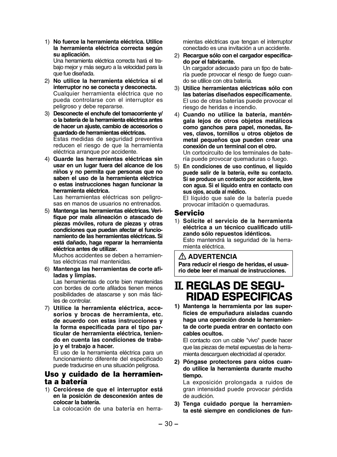 Panasonic EY7202 II. Reglas DE Segu Ridad Especificas, Uso y cuidado de la herramien- ta a batería, Servicio 