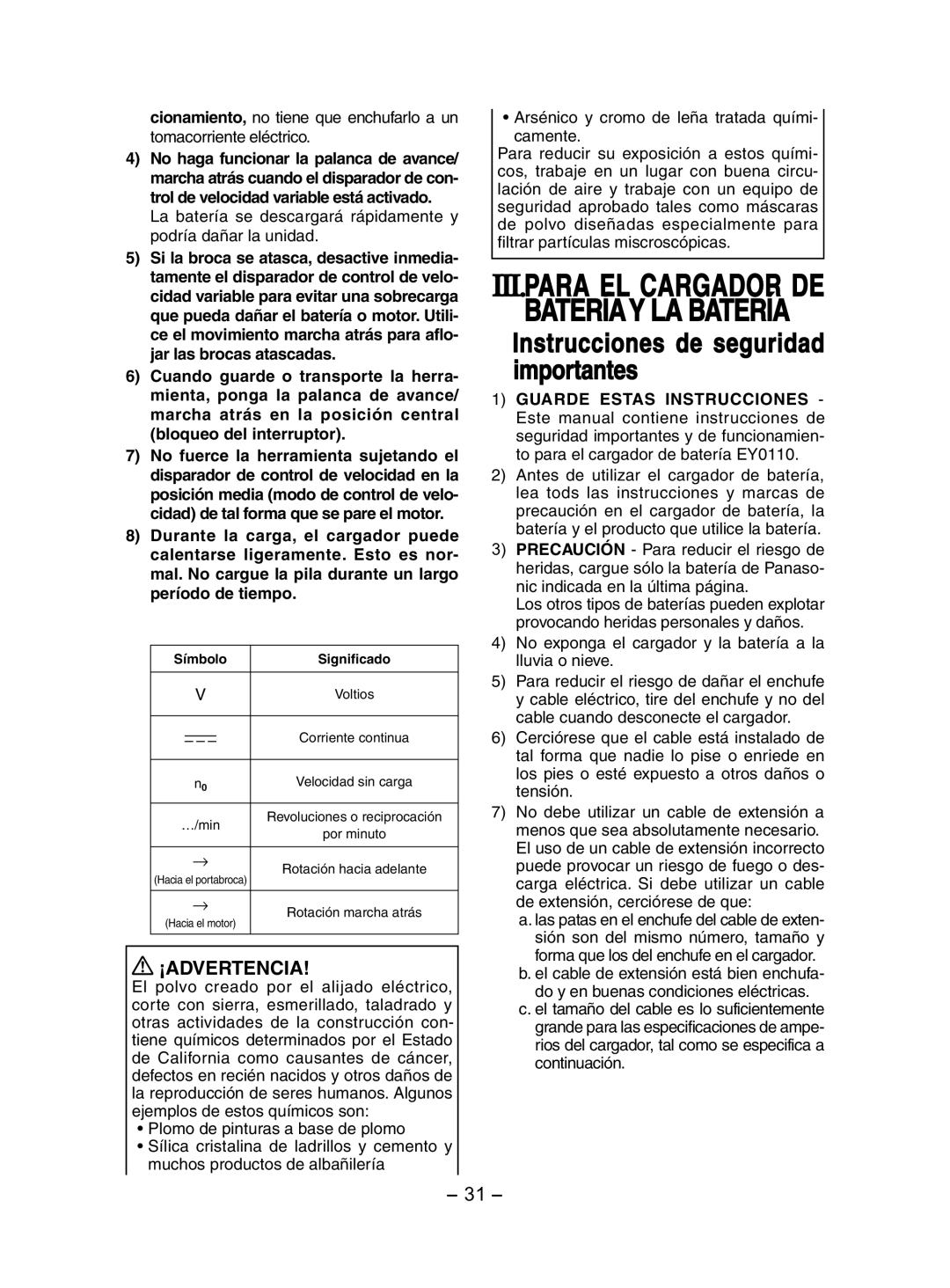 Panasonic EY7202 operating instructions Instrucciones de seguridad importantes, Símbolo Significado 