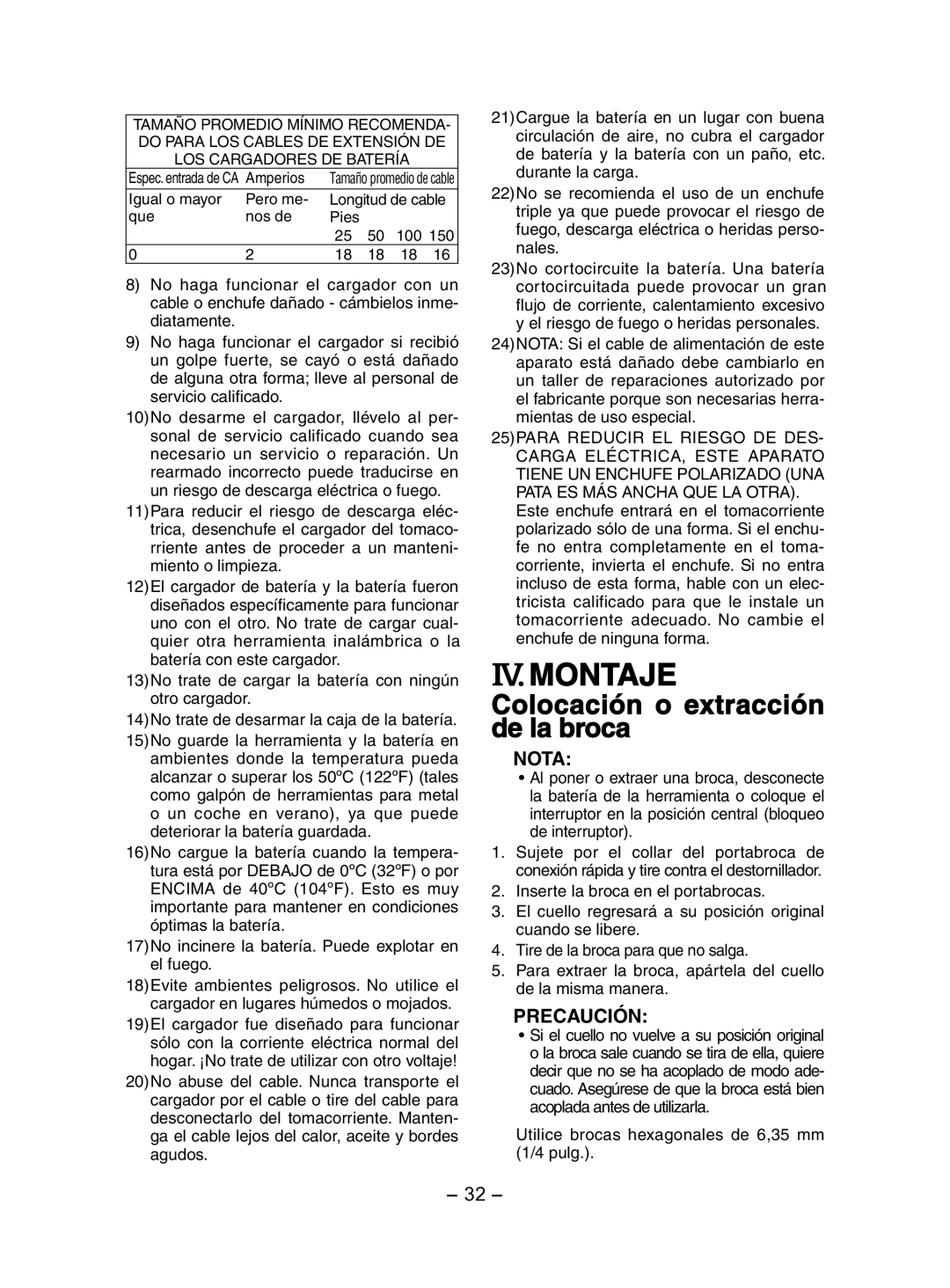 Panasonic EY7202 Iv.Montaje, Colocación o extracción de la broca, Utilice brocas hexagonales de 6,35 mm 1/4 pulg 