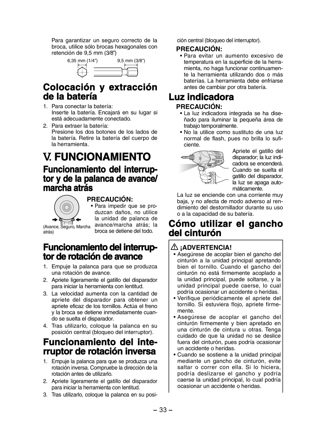 Panasonic EY7202 operating instructions Funcionamiento, Colocación y extracción de la batería, Luz indicadora 