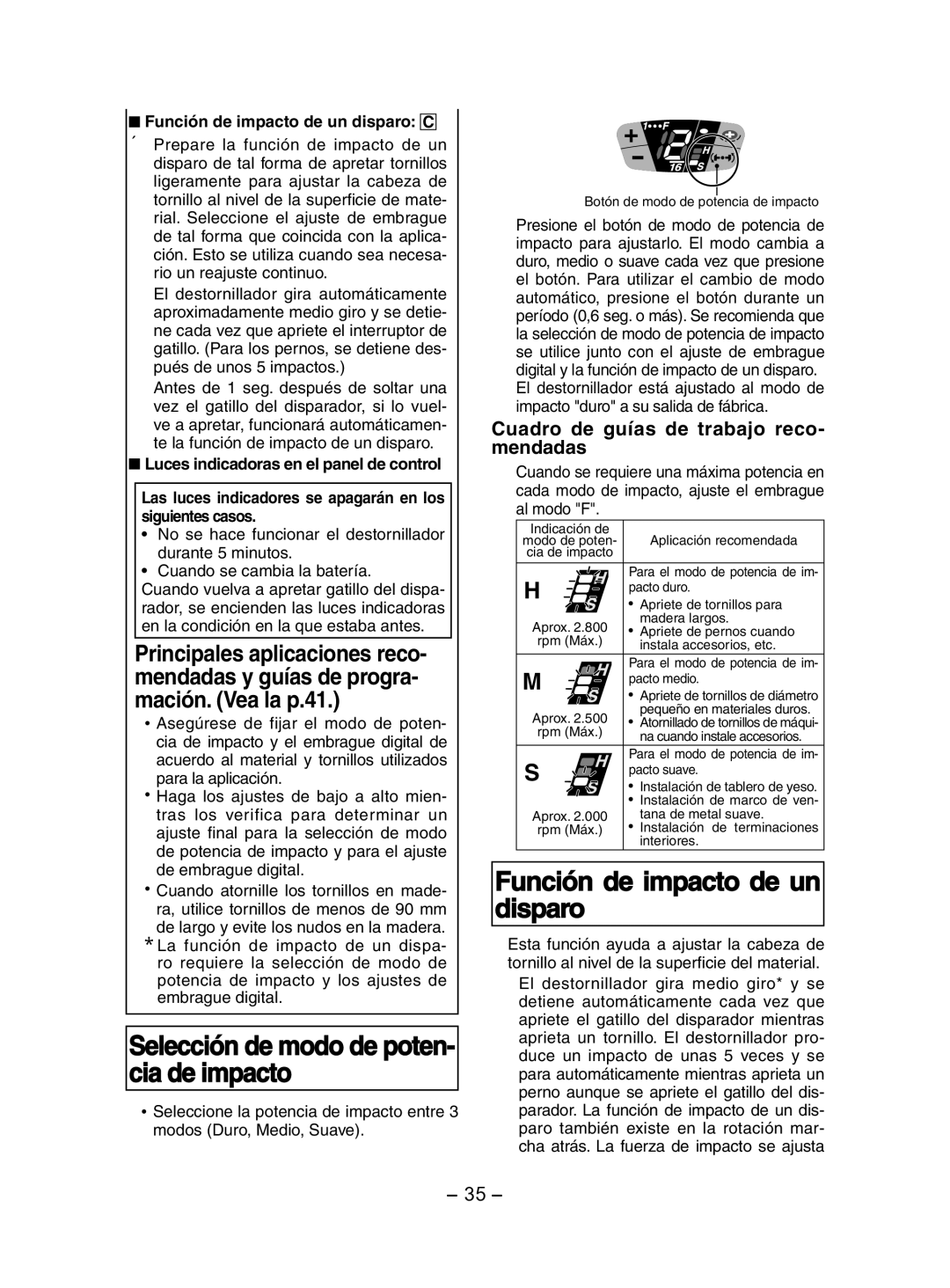 Panasonic EY7202 operating instructions Selección de modo de poten- cia de impacto, Función de impacto de un disparo 