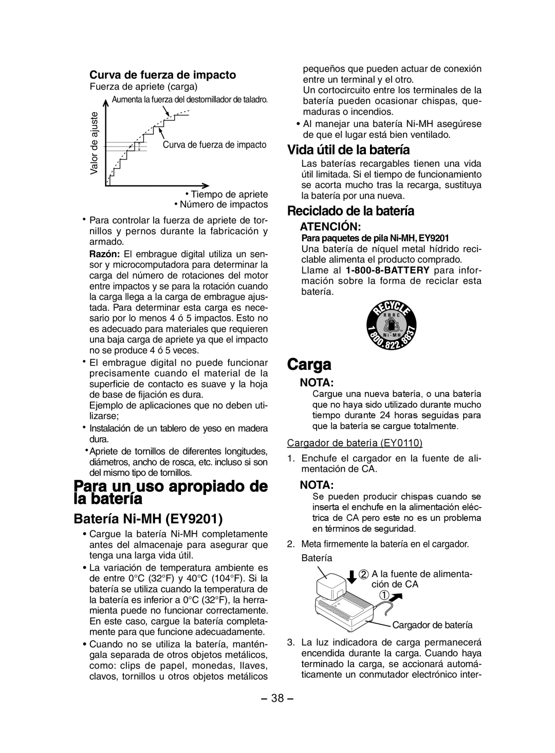 Panasonic EY7202 La batería, Carga, Batería Ni-MH EY9201, Vida útil de la batería, Reciclado de la batería 