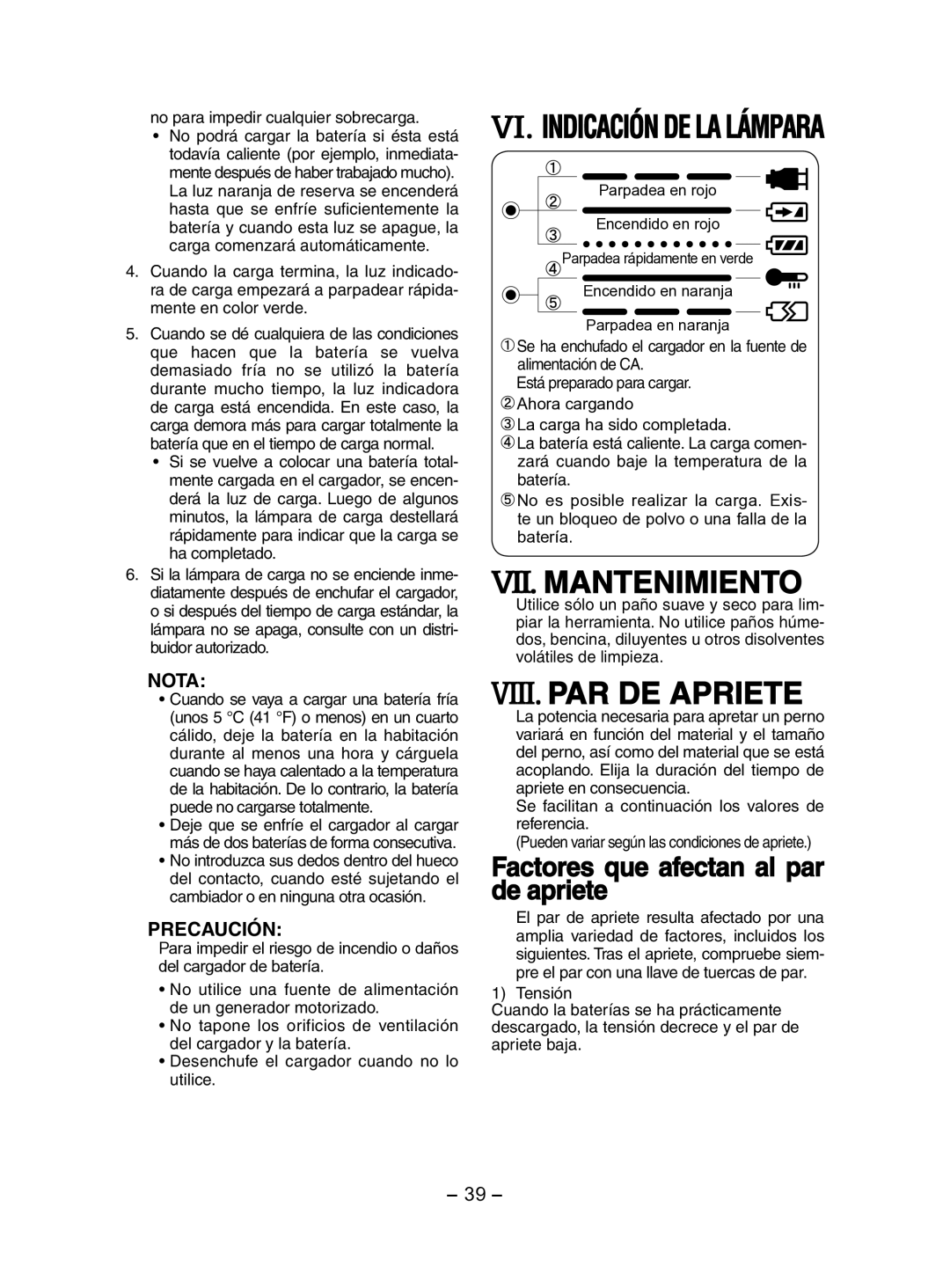 Panasonic EY7202 operating instructions VII. Mantenimiento, VIII. PAR DE Apriete, Factores que afectan al par de apriete 