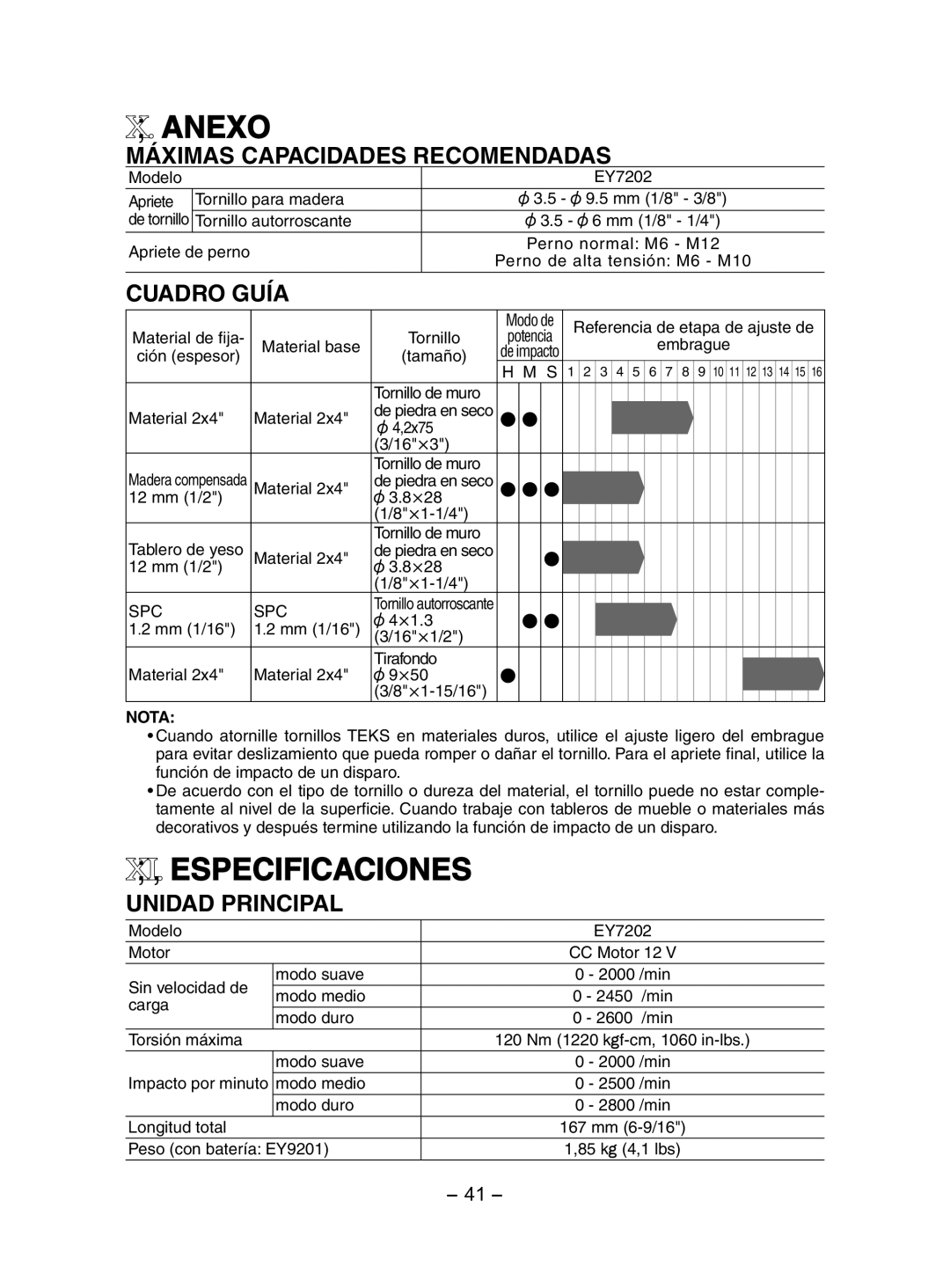 Panasonic EY7202 Anexo, XI. Especificaciones, Máximas Capacidades Recomendadas, Cuadro Guía, Unidad Principal 