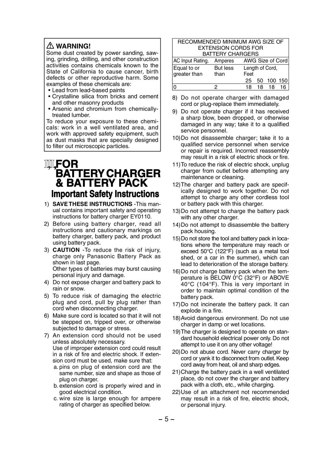 Panasonic EY7202 operating instructions Battery Charger & Battery Pack, Amperes AWG Size of Cord Equal to or But less 