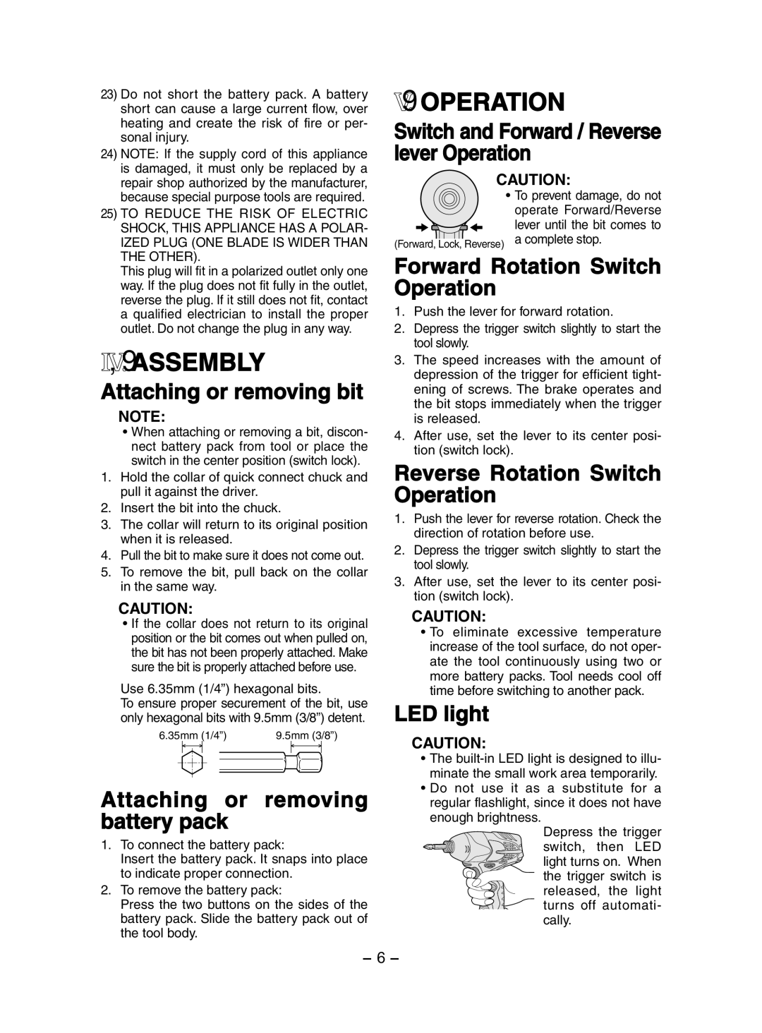 Panasonic EY7202 operating instructions Iv.Assembly, Operation 