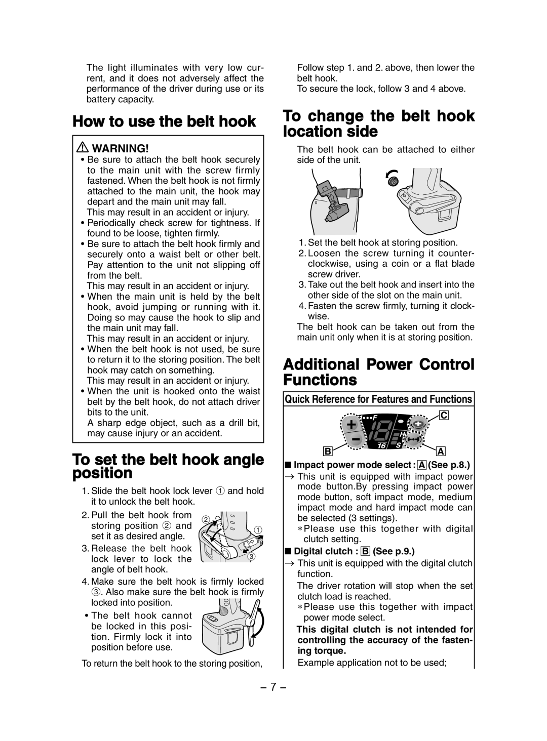 Panasonic EY7202 How to use the belt hook, To set the belt hook angle position, To change the belt hook location side 