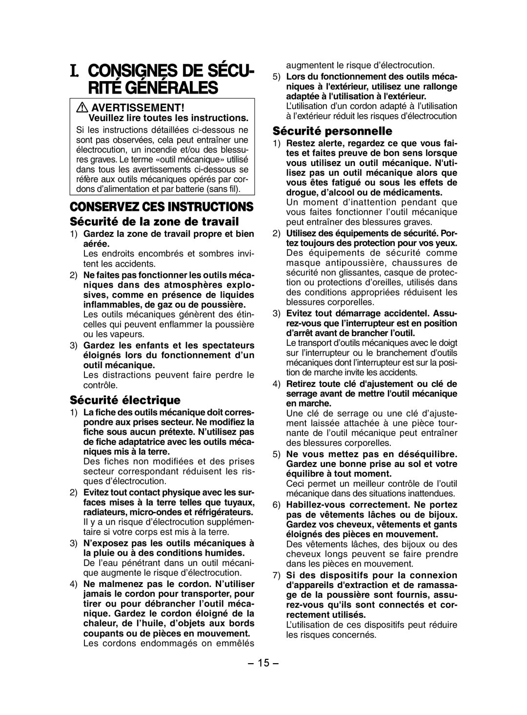 Panasonic EY7202 I. Consignes De Sécu- Rité Générales, CONSERVEZ CES INSTRUCTIONS Sécurité de la zone de travail 