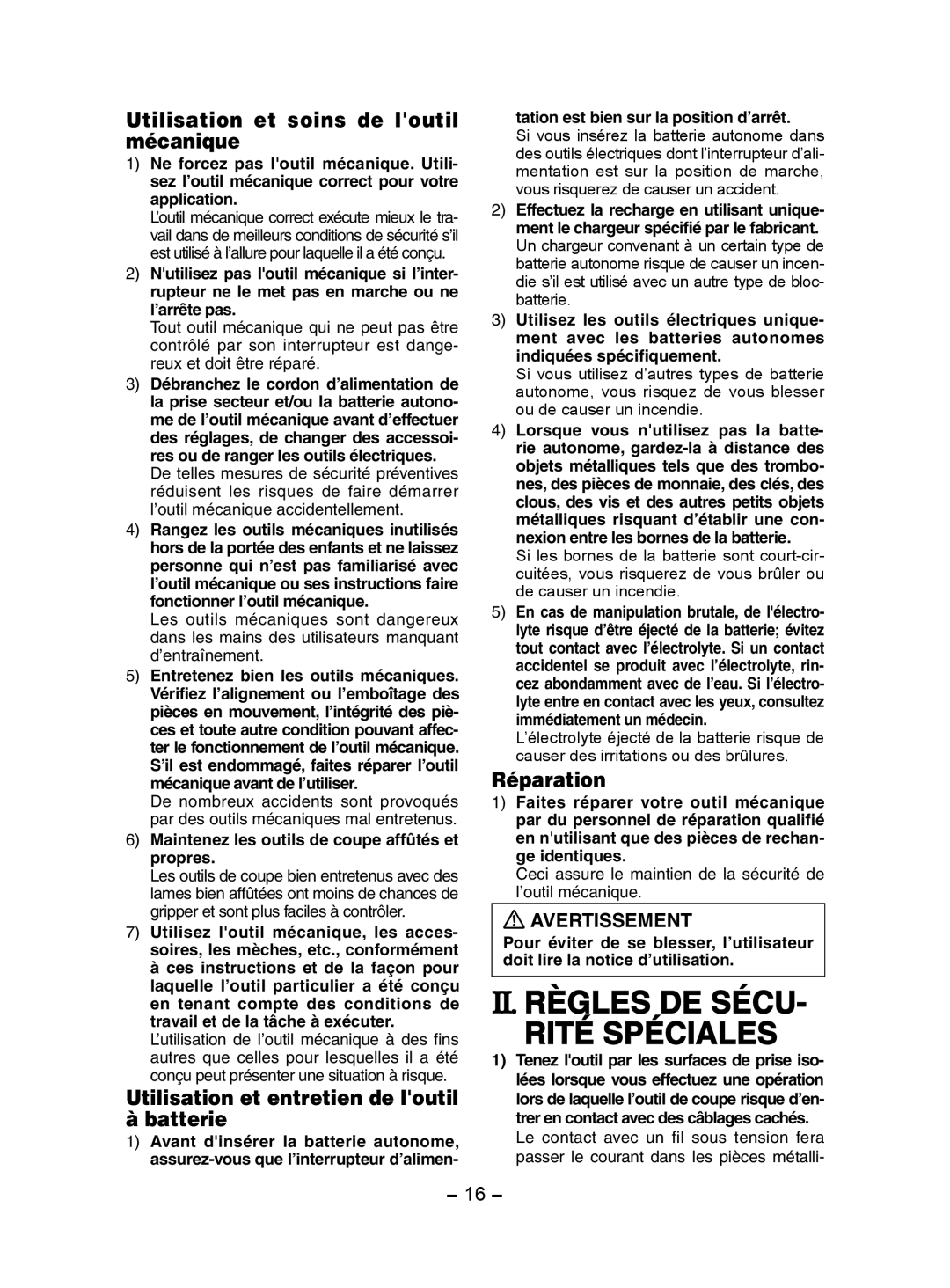 Panasonic EY7202 Ii. Règles De Sécu Rité Spéciales, Utilisation et soins de loutil mécanique, Réparation, Avertissement 