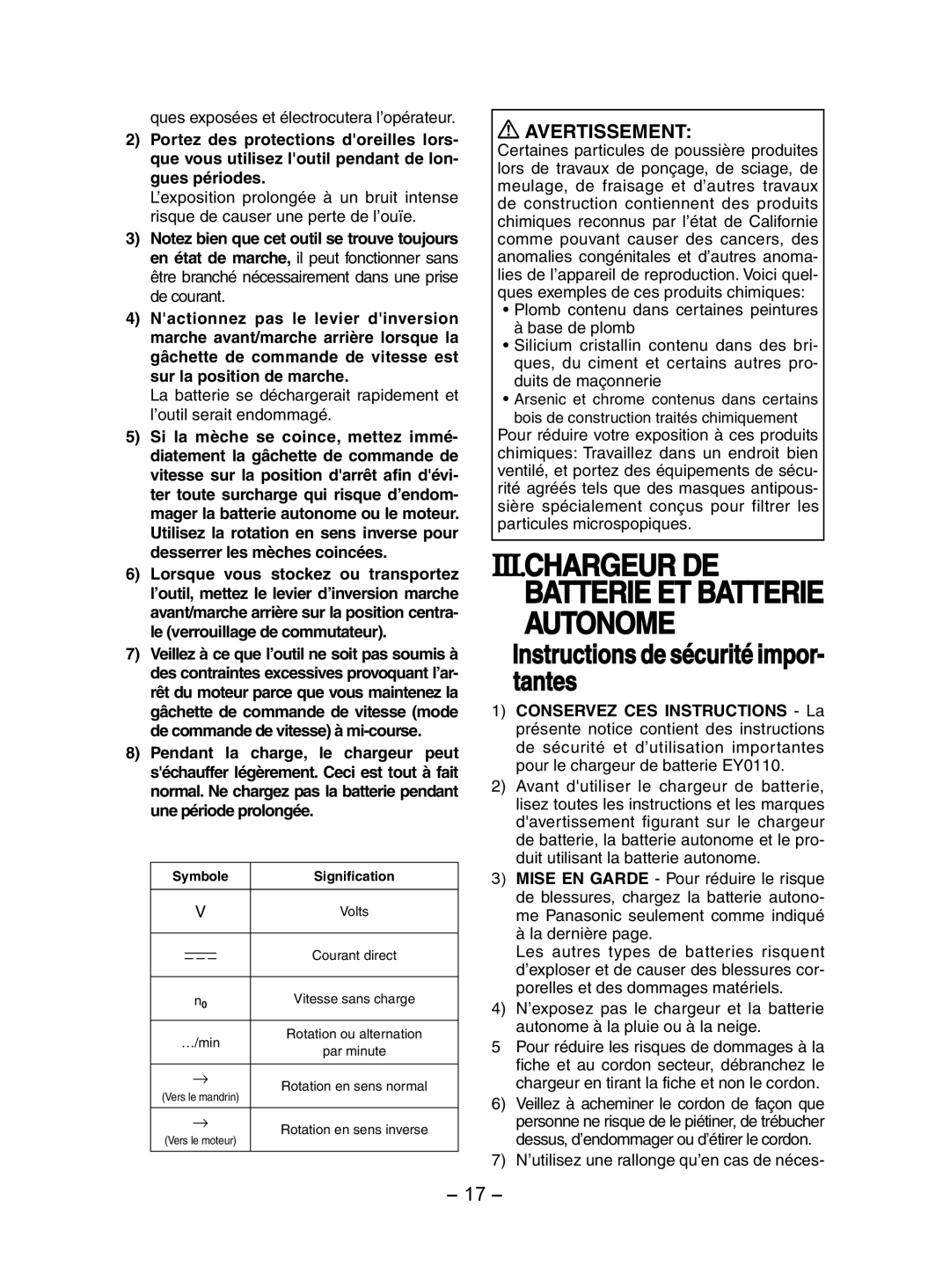Panasonic EY7202 Iii.Chargeur De, Instructions de sécurité impor - tantes, Batterie Et Batterie Autonome, Avertissement 