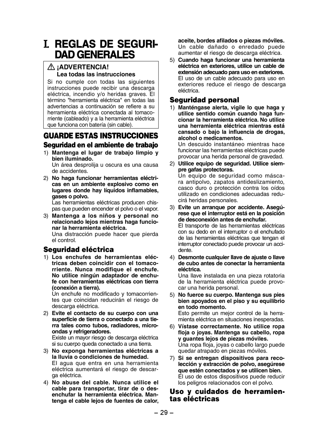 Panasonic EY7202 I. Reglas De Seguri- Dad Generales, Guarde Estas Instrucciones, Seguridad eléctrica, Seguridad personal 