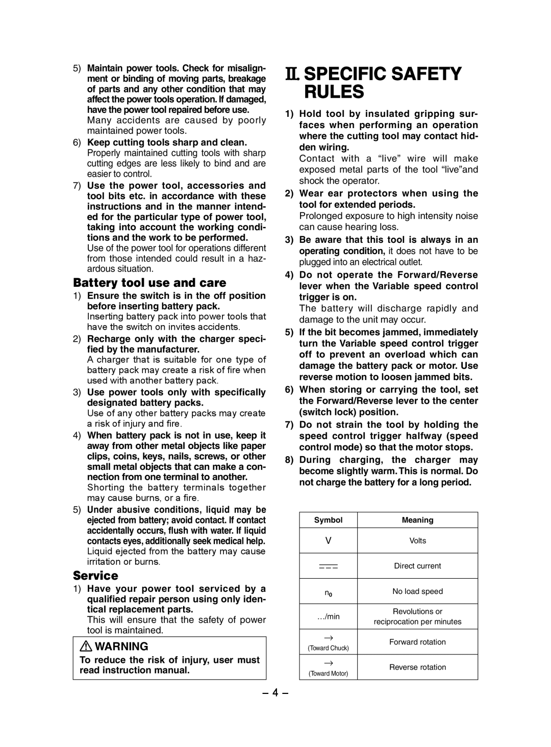 Panasonic EY7202 operating instructions Ii. Specific Safety Rules, Battery tool use and care, Service 
