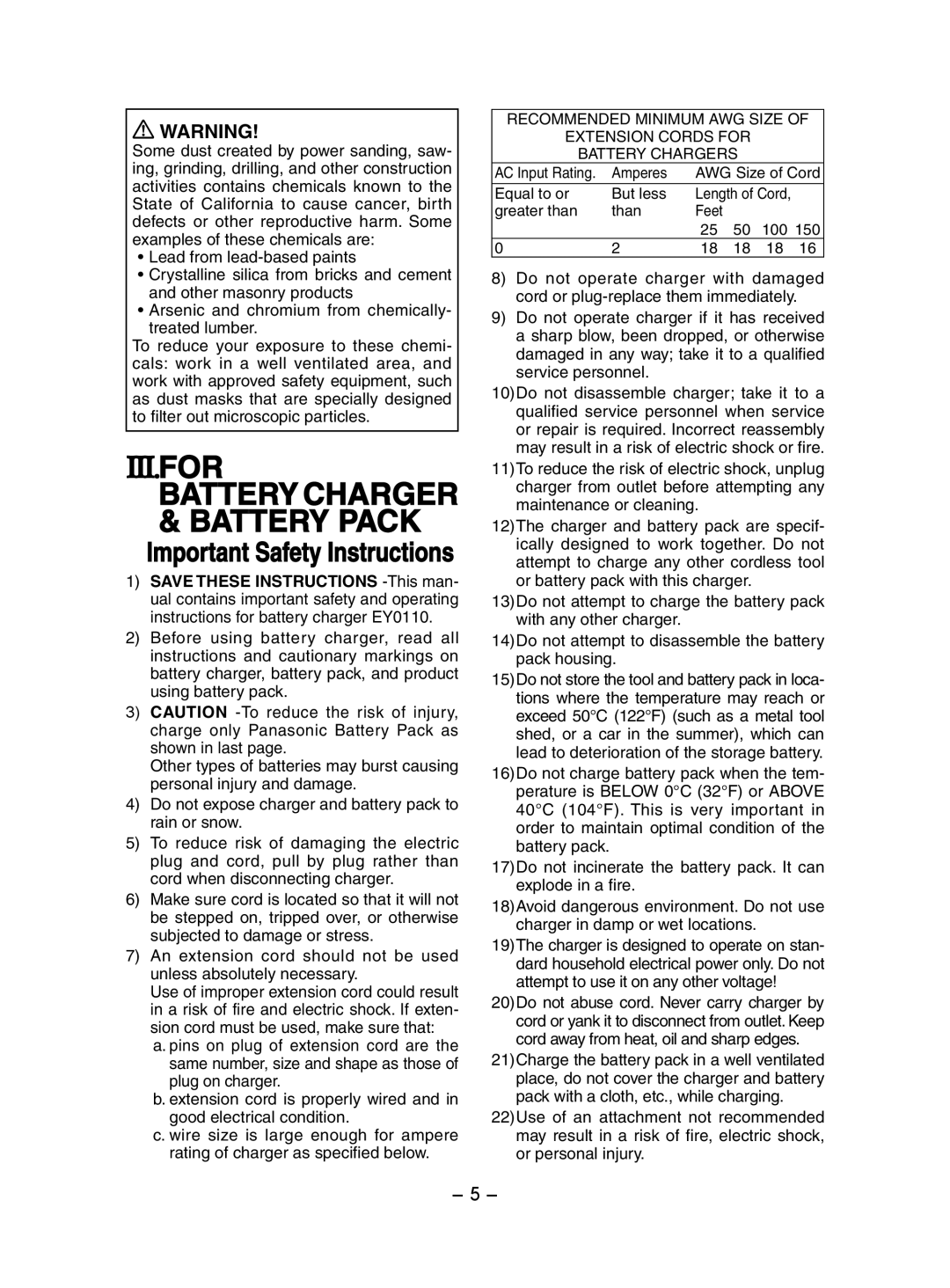 Panasonic EY7202 operating instructions Battery Charger & Battery Pack, Important Safety Instructions, Iii.For 