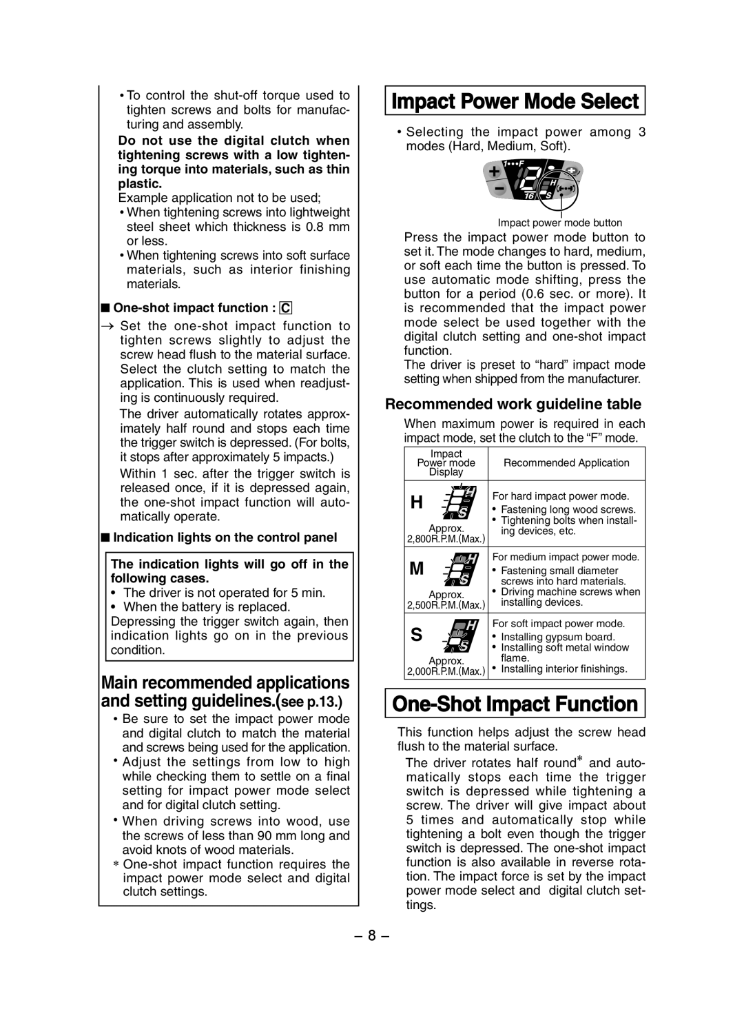Panasonic EY7202 Impact Power Mode Select, One-Shot Impact Function, Recommended work guideline table 