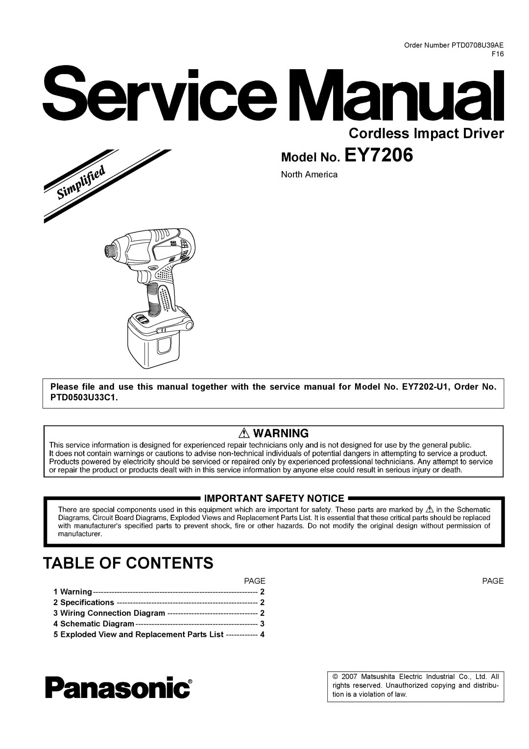 Panasonic EY7206 specifications Table of Contents 