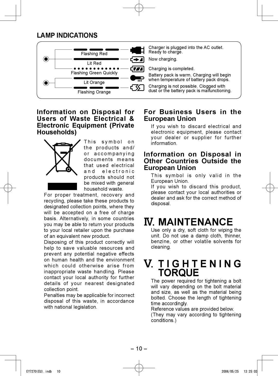 Panasonic EY7271, EY7270 IV. Maintenance, Torque, Lamp Indications, For Business Users in the European Union 