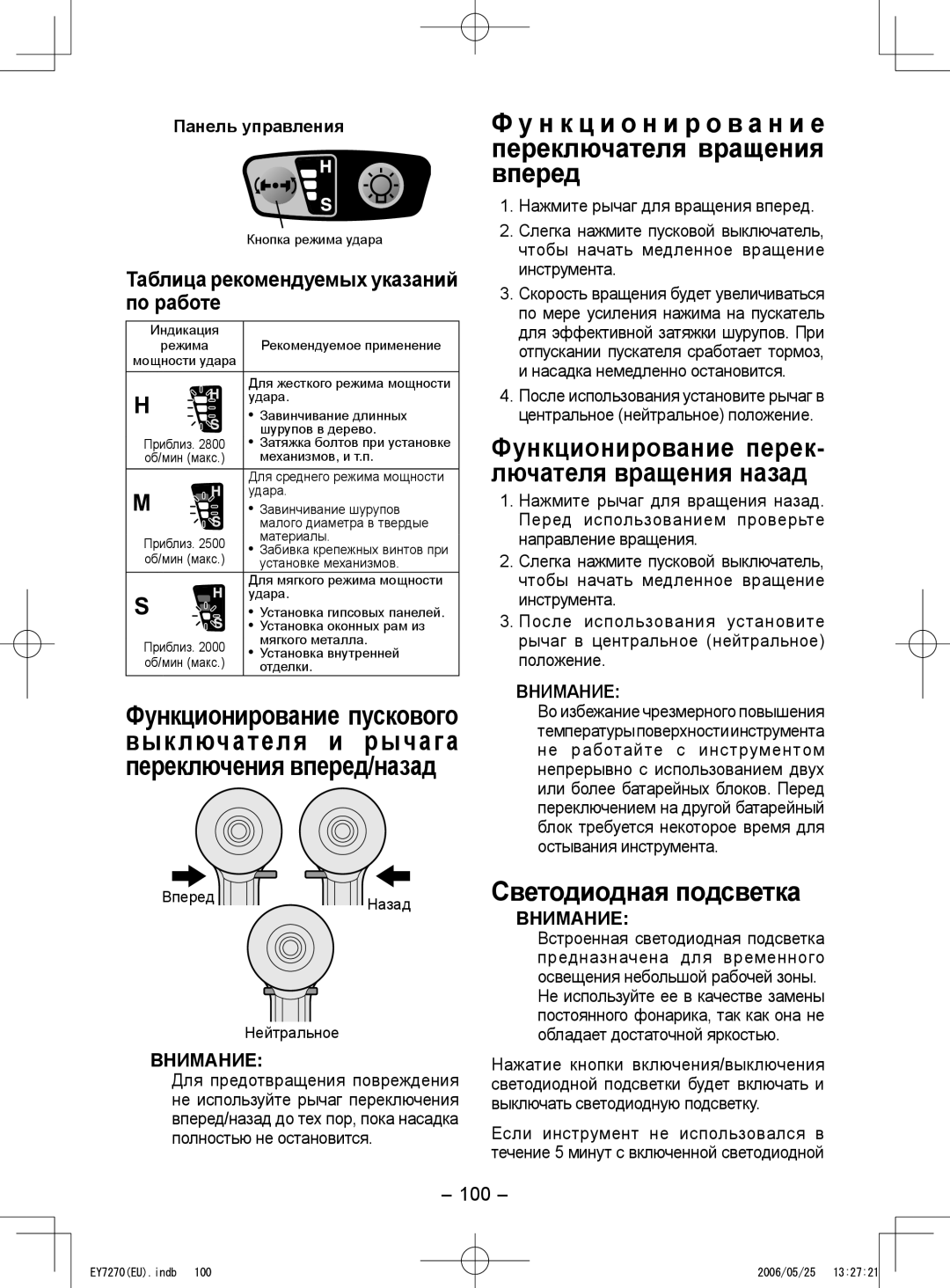 Panasonic EY7271, EY7270 Н к ц и о н и р о в а н и е переключателя вращения вперед, Светодиодная подсветка, 100 