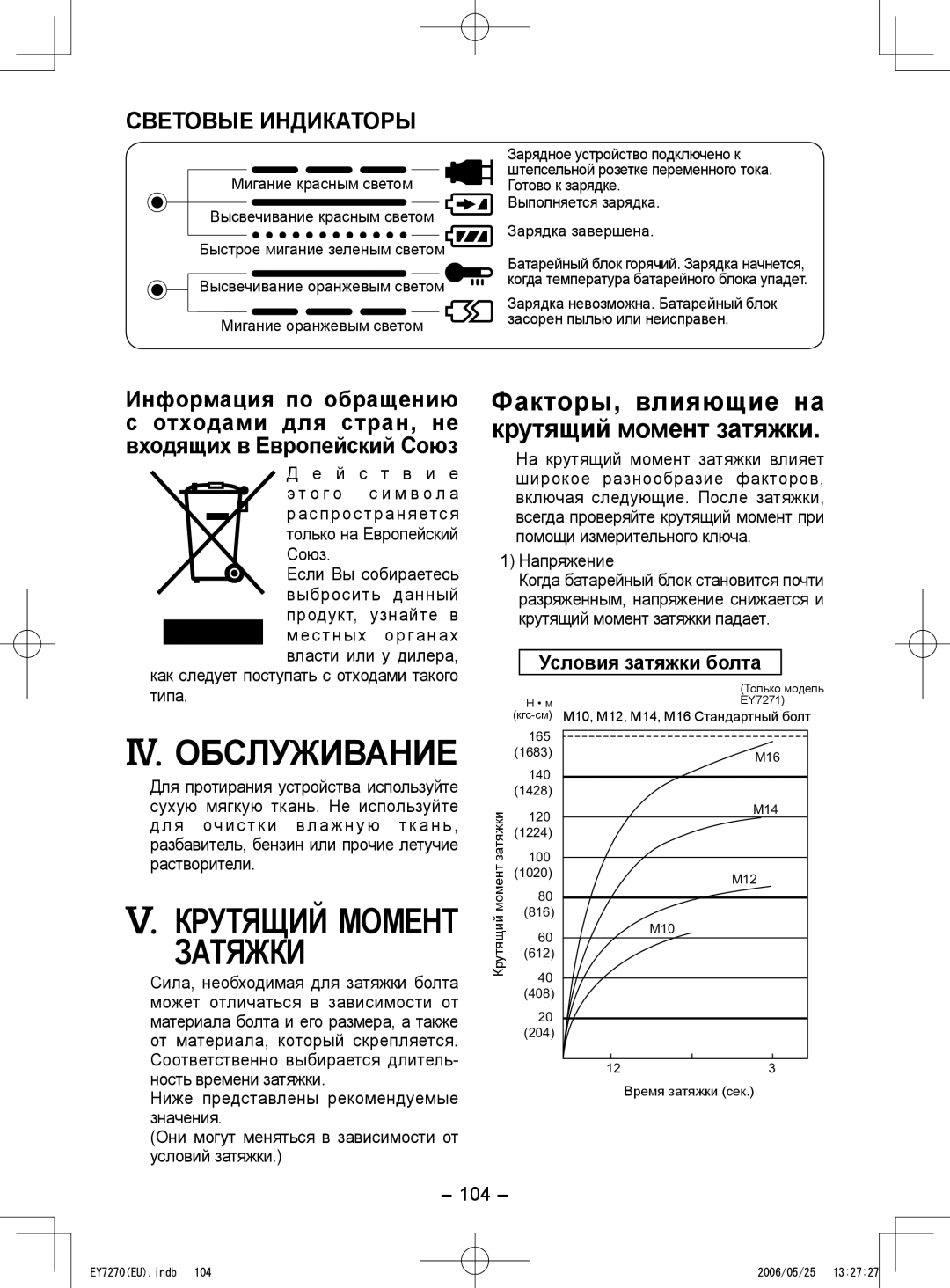 Panasonic EY7271, EY7270 IV. Обслуживание, Факторы, влияющие на крутящий момент затяжки, Световые Индикаторы, 104 