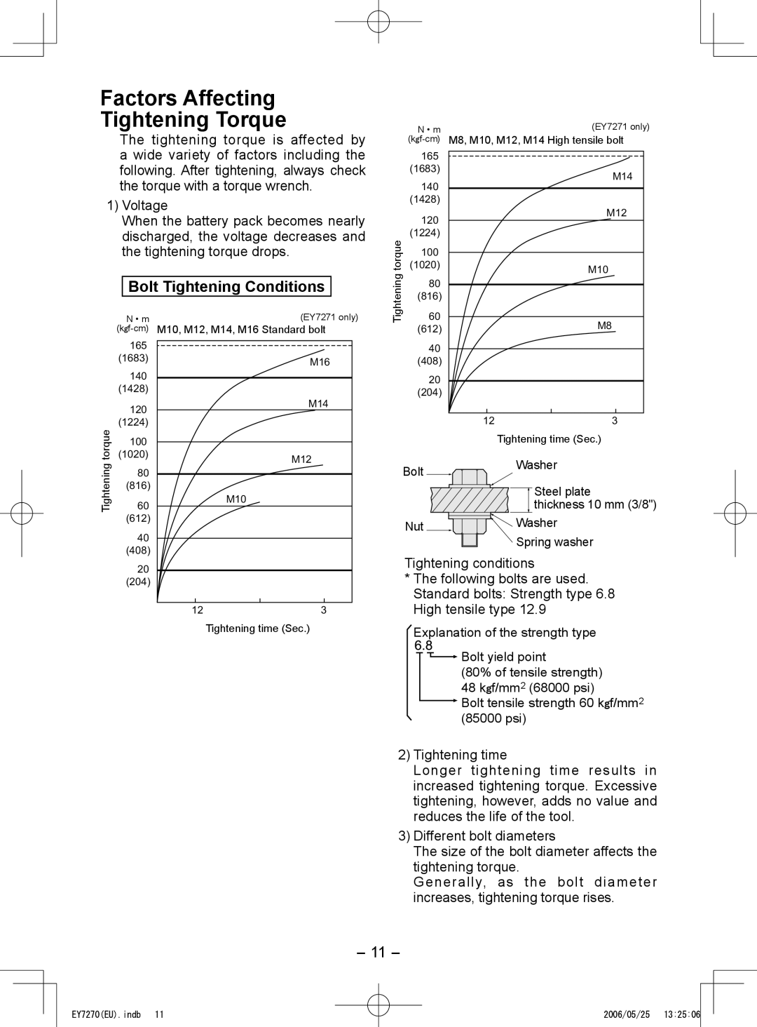 Panasonic EY7270 Factors Affecting Tightening Torque, Bolt Tightening Conditions, Tightening conditions, Tightening time 