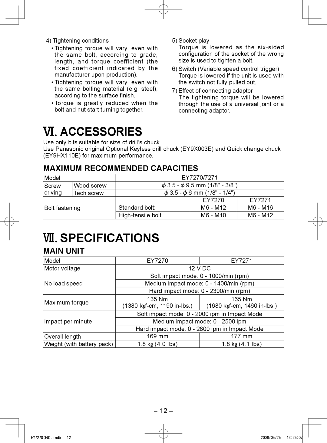 Panasonic EY7271, EY7270 VI. Accessories, VII. Specifications, Maximum Recommended Capacities, Main Unit 