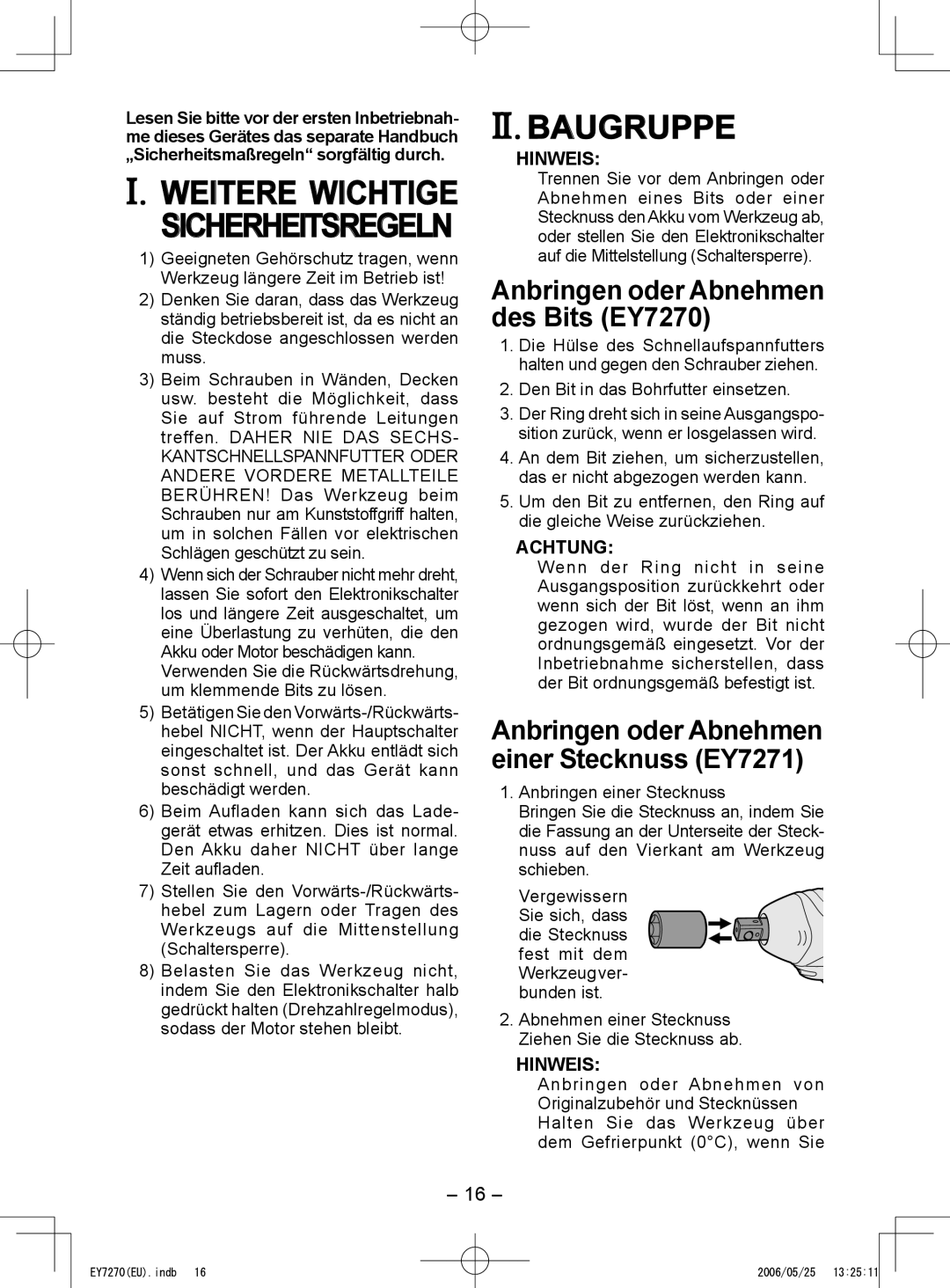 Panasonic EY7271 operating instructions Weitere Wichtige, II. Baugruppe, Anbringen oder Abnehmen des Bits EY7270 