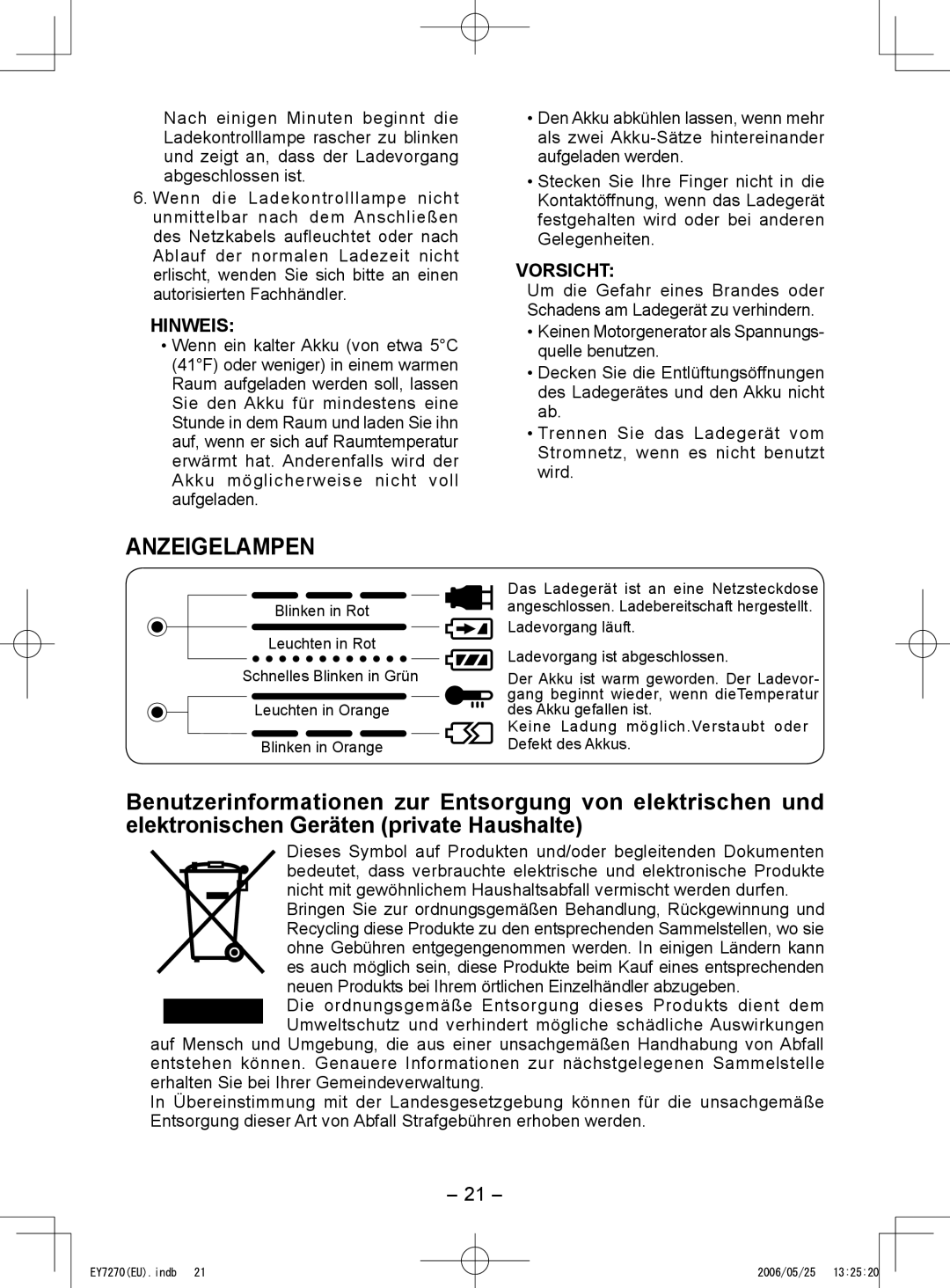 Panasonic EY7270, EY7271 operating instructions Anzeigelampen 