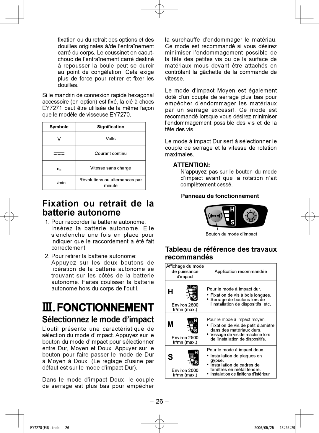 Panasonic EY7271, EY7270 operating instructions Fixation ou retrait de la batterie autonome, Sélectionnez le mode d’impact 