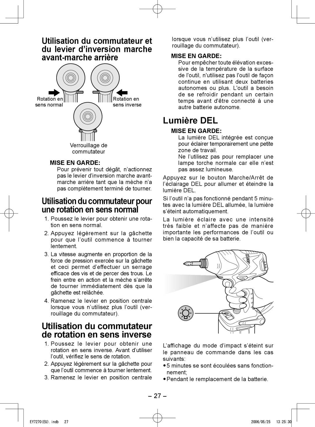 Panasonic EY7270, EY7271 Lumière DEL, Utilisation du commutateur de rotation en sens inverse, Verrouillage de Commutateur 