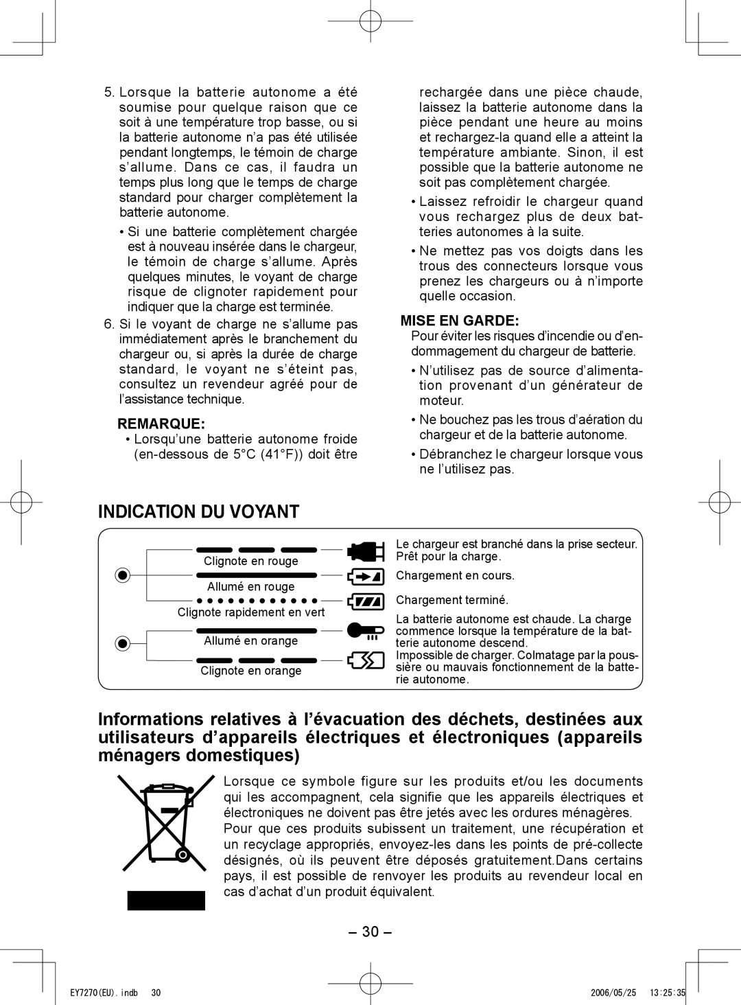 Panasonic EY7271, EY7270 operating instructions Indication DU Voyant, Débranchez le chargeur lorsque vous ne l’utilisez pas 