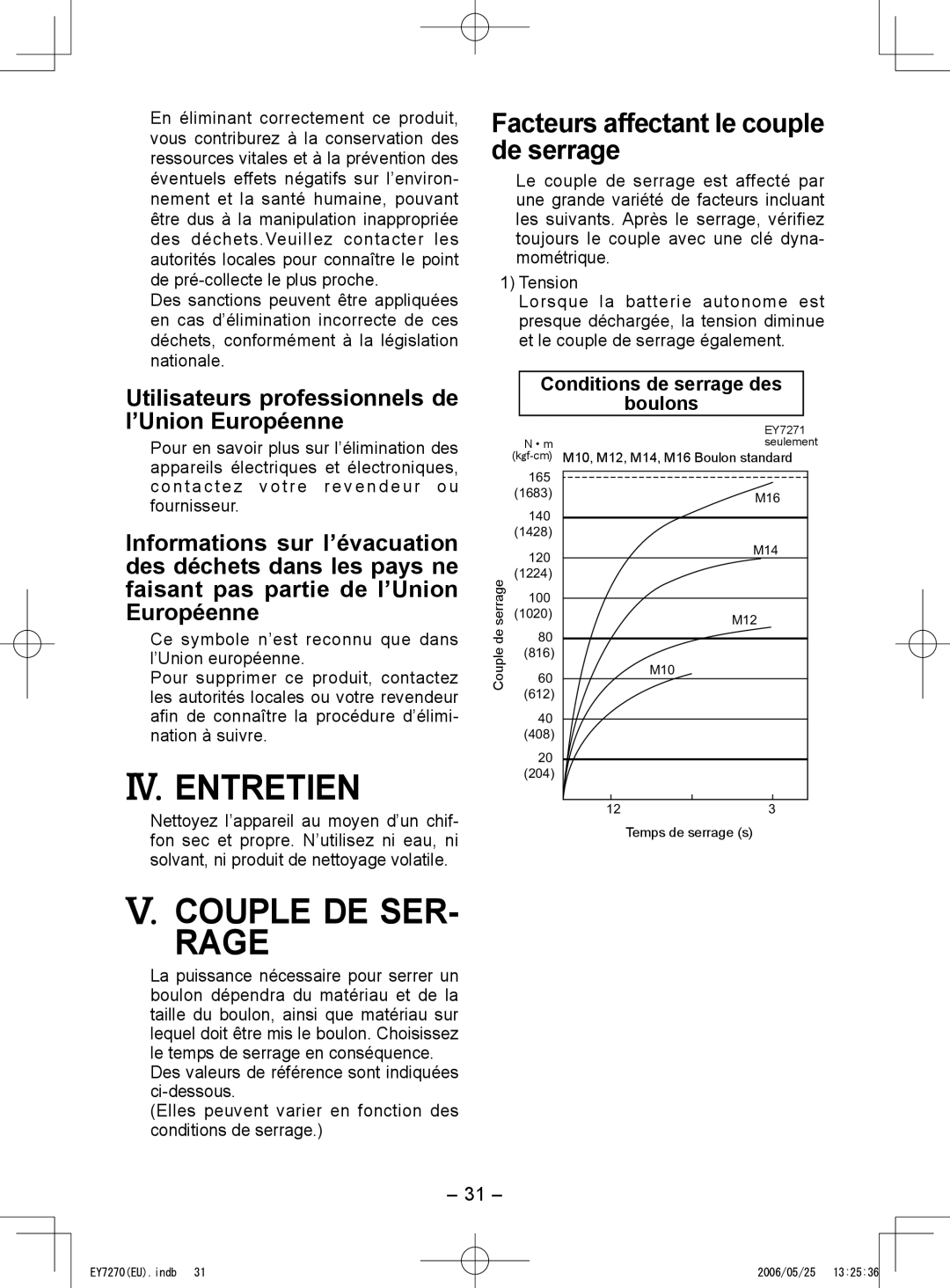 Panasonic EY7270, EY7271 operating instructions IV. Entretien, Couple DE SER­ Rage, Facteurs affectant le couple de serrage 