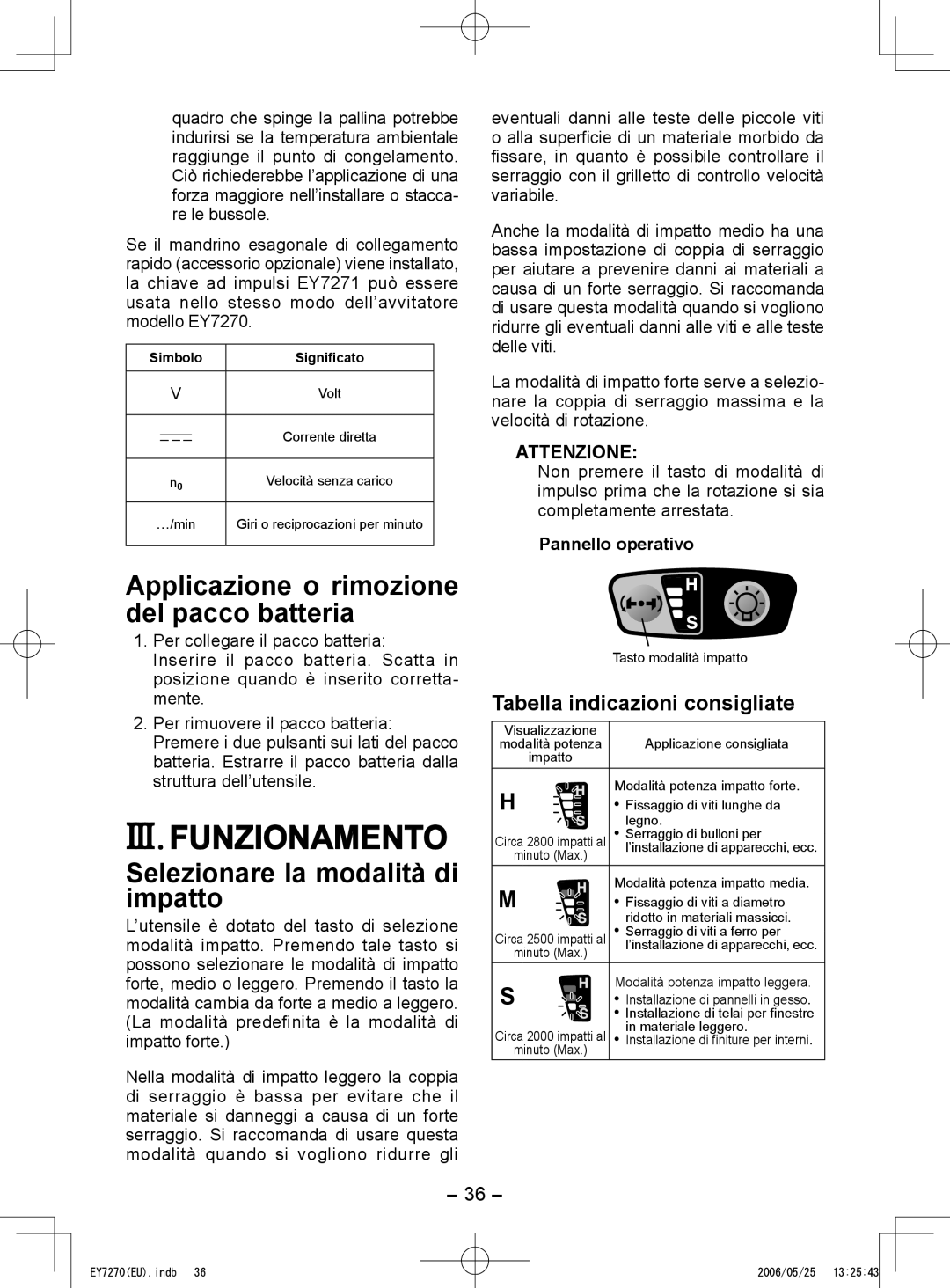 Panasonic EY7271 III. Funzionamento, Selezionare la modalità di impatto, Applicazione o rimozione del pacco batteria 